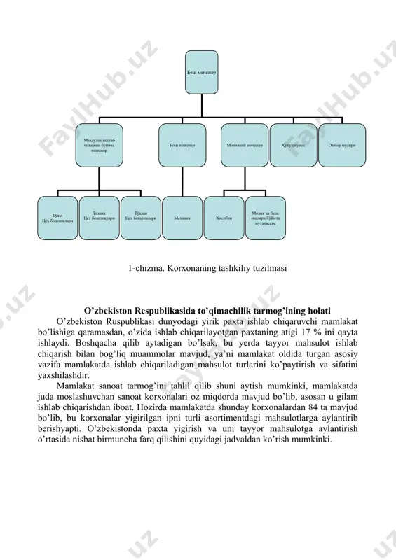 ham qo’shib hisoblaganda 40000 ta futbolka, 10000 ta mayka, 2000 tadan ortiq ayollar tungi ko’ylagidan iborat. futbolka ishlab chiqarish katta hajmda bierrebi deb nomlanadigan avtomatik tikuv mashinalarida tikiladi. zavodlardagi jami personal 1500 dan ortadi, bular tarkibida turkiyadan taklif qilingan masterlar va boshqaruvchilar ham bor. korxonaning o’z oldiga qo’ygan maqsadi: yengil sanoat korxonalarining yuqori sifatli tolaga bo’lgan ehtiyoji va mamlakat aholisining sanoat mahsulotlariga balgan talablarini qondirish, shu bilan birga chet mamlakatlarga mahsulotlarni eksport qilish orqali mamlakatga kirayotgan valyuta miqdorini oshirishdir. germaniya va shvetsariyaning yetakchi firmalari bu korxonaga o’z texnologik ta’minoti bo’yicha yordam bermoqda, korxona hozirda shu firmalarning texnikalari bilan jihozlangan va bu texnikalar iso standartlariga to’laqonli javob beradi. korxonaning yaqin kunlardagi strategiyasi yiliga 2450 tonna tayyor tola ishlab chiqarish va korxonaning ichida shu toladan foydalanib 22 mln. birlik mahsulot yetishtirishdan iborat. korxona bu materialni qayta ishlash bilan birga uni boshqa yengil sanoat korxonalariga ham sotish bilan shug’ullanadi. 1-chizma. korxonaning tashkiliy tuzilmasi …