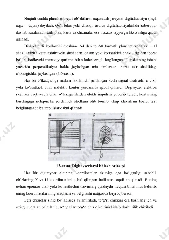 ning tashqi jamlovchilariga yozib boriladi. qo‘lda digitallash texnologiyasi sermehnat va operatorning ancha qo‘l mehnatini talab qiladi, lekin u qator afzalliklarga ham ega. 1. raqamlashning aniqligi juda yuqori (0,05 mm gacha). 2. tasvirni qismlarga bo‘laklash imkoniyati bor, bu mavzuli karta tuzishda juda muxim. 3. eski va o‘ta ifloslangan planli - kartografik materiallar bilan ham ishlash imkoniyati bor. 4. tezda vektor shakldagi axborot olinadi va kompyuter dasturida bevosita foydalanilishi mumkin. 5. usul nisbatan ancha arzon. qo‘lda digitallash ishlari bajarilayotganda egri va to‘g‘ri chiziqlar opreator tomonidan alohida bosh nuqtasidan boshlab to oxirigacha yoki boshqa bir chiziq bilan tutashgan joyigacha chizib chiqiladi. boshqa chiziqlarni chizish uchun ko‘rsatkich qo‘lda yana qayta o‘rnatiladi. avtomatik ravishda tasvirni o‘qish esa, ya’ni tasvirni raqamli ko‘rinishga keltirish elektron skanerli vositalar bilan bajariladi. bunday uskuna skaner deyiladi. skanerlar planshetli, rolikli va barabanli bo‘ladi. qatorning kengligi atigi 5 mkm. skanerlar ketma-ket grafikli hujjat tasvirni 1 qatorga joylaydi, shuning bilan 2 o‘lchovli fazo …