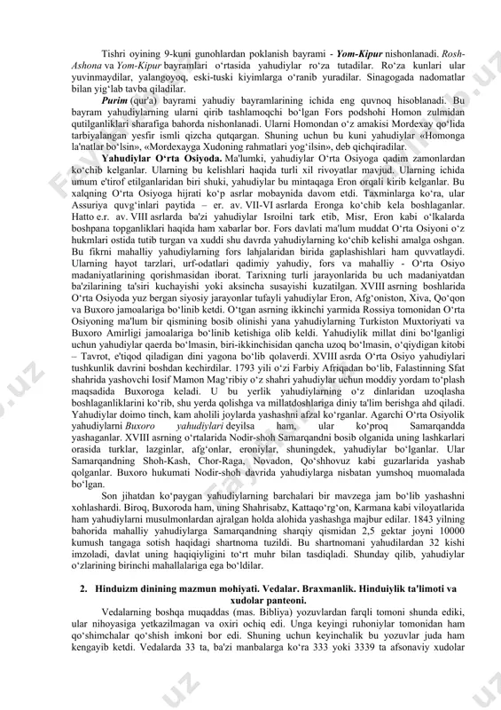 am qabul qilganlar va bularning hammasiga sinchkovlik bilan amal qilganlar. shuning uchun ular ovqatga, kiyimga va boshqa narsalarga juda ehtiyot bo‘lganlar. qo‘llari va badanlarining ozodaligiga katta e'tibor berganlar. farziylar juda ko‘p payg‘ambarlar ta'kidlagan qiyomatga, o‘lganlarning qayta tirilishiga ishonganlar. yesseylar. quddusdagi ko‘pgina ruhoniylar xudo ulardan talab qilganidek yashamas edilar. undan tashqari rimliklar ba'zi diniy mansablarga musoning qonuniga muvofiq munosib bo‘lmagan shaxslarni tayinlagan edilar. buni ko‘rgan bir guruh ruhoniylar quddusda ibodat qilish va qurbonlik qilish qonunga to‘g‘ri kelmay qoldi, deb hisobladilar. ular quddusni tashlab, yahudiy sahrolariga chiqib ketdilar va o‘sha yerda o‘z jamoalarini tashkil qildilar. ularni yesseylar deb atashdi. yesseylar xudo tomonidan yuboriladigan xaloskor - messiyaning kelishi va quddusni tozalashini kutib, ibodat qilib yashar edilar. massonizmning ma'nosi «ozod quruvchilar» bo‘lib, yahudiylikdagi yashirin tashkilotdir. u milodiy 44 yili rim imperatorlaridan irod akriba tomonidan o‘zining ikki yahudiy maslahatchisi: rais o‘rinbosari hyeron abyud va birinchi sekretar muob lomiy yordamida tashkil etilgan. maqsadi – dunyoda yahudiylar …