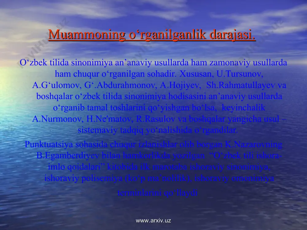 u qo‘shma gap qismlari orasida zidlik, qiyoslash munosabati mavjud bo‘lganligi sababli gaplar orasida ham, bog‘lamasiz ot-kesim va ega orasida ham tire qo‘llash o‘rinli. yoki: “eshikni oching, bu – men – olimjon” gapida ham mavjud qoidalarga ko‘ra bog‘lamasiz ot-kesimga va ajratilgan kesimga tegishli tirelar qo‘llanishi lozim. biroq yozuv ham dizayn talablariga javob berishi lozim. bunday hollarda bitta tire vergul bilan almashtiriladi yoki biri istisno tariqasida tushirib ketiladi: yaxshi qiz – uy obro‘si, yaxshi o‘g‘il – yurt obro‘si. eshikni oching, bu – men, olimjon. www.arxiv.uz www.arxiv.uz punktuatsiya qoidalari to‘la me’yorlashtirilmagan davrda ijod etgan mualliflar uslubi muallif punktuatsiyasi ham tinish belgilari sinonimiyasining yuzaga kelishiga sabab bo‘lgan: dadam shu atrofdan – qishloqning chiqaverishidan – do‘kon qidirdi. (a.qahhor); shu kuni kechqurun, daladan qaytishda, qori siddiqjonga hamroq bo‘lib qoldi. (a.qahhor) www.arxiv.uz www.arxiv.uz yozma nutqning taraqqiy etishi yozma nutqning taraqqiy etishi ham tinish belgilari sinonimiyasining kelib chiqishiga sabab bo‘ladi. xalq turmush tarzi, ongi taraqqiy etgani sayin uning …