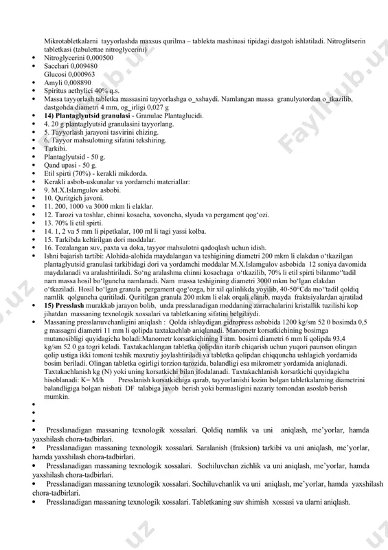 i kerak. parchalanishi tabletkaga oxshash aniqlanadi. agar farmakopeyaning xususiy maqolasida boshqa korsatmalar bolmasa granulalar 15 daqiqa davomida erib ketishi kerak. tdv stifatida ishlatiladigan granulalarning rangi bir xil bolishi kerak, agar xususiy maqolada boshqa korsatma bolmasa. · granula dori turiga bolgan extiyoj yil sayin ortib bormoqda, chunki mustaqil ozbekiston respublikasini aholisining yaqin 50% ni bolalar tashkil etadi. bolalarga tayyorlanadigan dorilar ozini tashqi korinish, xidi, mazasi bilan kattalarnikidan tubdan farq qilishi kerak. bolalar dori turi iloji boricha konservantsiz, termik sterilizatsiya qilmasdan, asrab avaylaydigan texnologiyani qollash kerak. · granulalarni hususiy texnologiyasi · urodan (urodanum). oldindan tegishli maydalagichlarda alohida-alohida maydalangan, teshigini diametri 50 mkmli elakdan otkazilgan modda zettasimon aralashtirgichlarda yaxshilab aralashtiriladi. songra 96% spirt qoshib motadil nam massa xosil bolguncha aralashtiriladi. nam massani teshigini diametri 3000 mkm li elak orqali otkazib granula xoliga keltiriladi. nam massani 40 50 0s xaroratda motadil qoldiq namlik (3%) qolguncha quritiladi. songra quruq granula teshigini diametri 200 mkm li …
