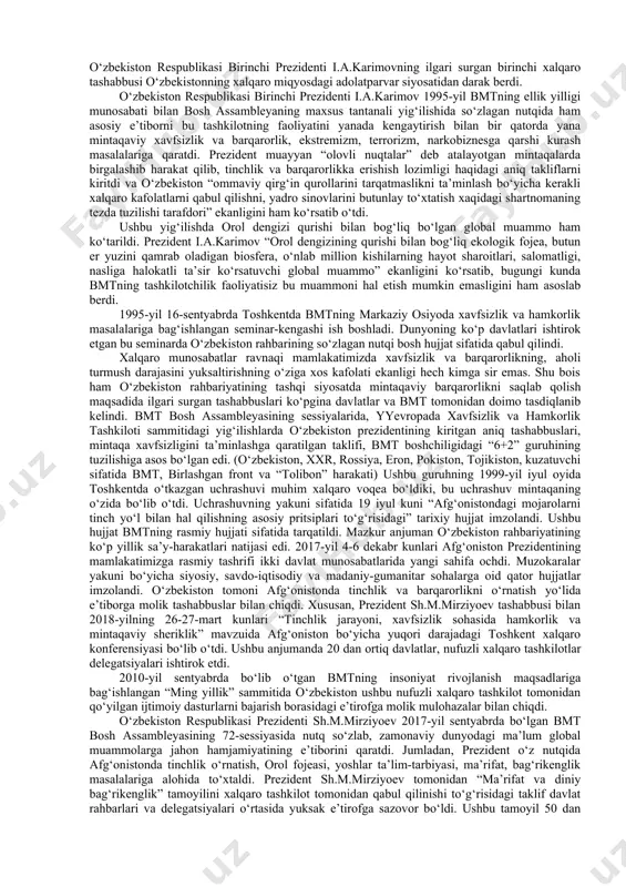 alablarga rioya qilish; · tashqi siyosatda ko‘p tomonlama aloqalarni o‘rnatishda xalqaro tashkilotlar doirasida aloqalarni kengaytirish masalalari kiritildi. o‘zbekiston respublikasi butun jahon jamoatchiligi oldida xalqaro huquqning umumjahon e’tirof etgan normalariga sodiqligini konstitutsiya darajasida ham mustahkamladi. halqaro huquqning tamoyillari va normalarining butun bu majmui konstitutsiyaga bmt ustavidan, inson huquqlari umumiy deklaratsiyasidan va inson huquqlariga oid boshqa halqaro huquq bitimlardan, xelsinki bitimi, parij va madrid xartiyalariga asoslandi. shuningdek, asosiy qonunga kiritilgan qonunlarni rivojlantirish maqsadida “diplomatik munosabatlarni o‘rganish tartibi”, “o‘zbekistonda xalqaro shartnomalarni tuzish, ijro etish va bekor qilish” haqida aktlar ham qabul qilindi. ularda tashqi siyosatning har tomonlama asoslangan tamoyillari o‘z aksini topdi. shu o‘rinda aytib o‘tmoq lozimki, bu tamoyillar yosh suveren davlatning asosiy tashqi siyosiy doktrinasini ifoda etish bilan birga davlatlararo munosabatlar yo‘nalishlarining rivojlanishi va keng doiradagi tashqi muammolarni hal qilish imkonini berdi. mamlakatimizni jahon xalqlari tinchligi va xavfsizligini mustahkamlashga qaratilgan tinchliksevar tashqi siyosati uning jahon miqyosida mustaqil davlat sifatida tezda tan olinishini …