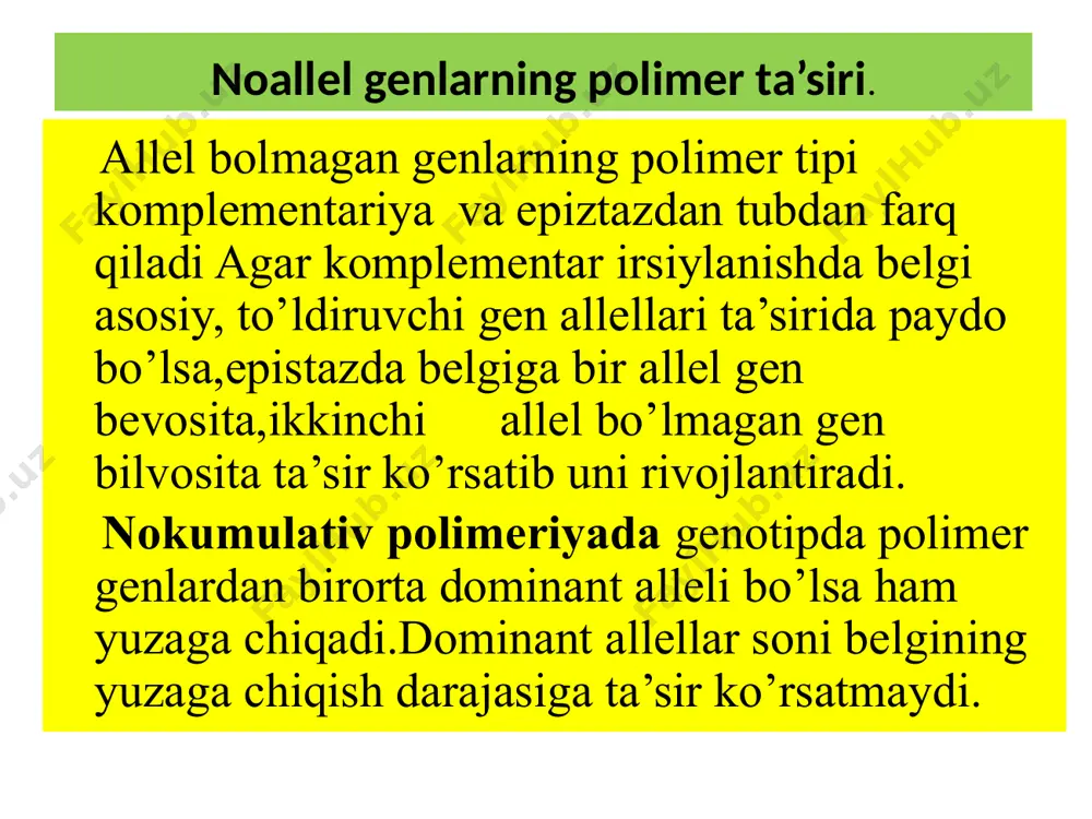 x = 18,75% achambitining uchburchak qo`zoq mevali turi oval qo`zoq mevali turi bilan chatishtirilganda birinchi avlod duragaylari barchasining mevasi uchburchak qo`zoq mevali bo`ldi. ikkinchi avlodda esa, qo`zoq mevasi uchburchak bo`lgan o`simliklarning qo`zoq mevasi oval shakldagi o`simliklarga nisbati 15:1 bo`ldi. ushbu chatishtirishdagi ikkinchi avlod duragaylarida qo`zoq mevasi uchburchak digomozigota o`simliklar necha foizni tashkil etadi? polimer ta`sirga oid masalalar yechish 1.genetik belgilash. patli - a1a1a2a2: patsiz – a1a1a2a2: 2. f1 duragaylarini aniqlaymiz: p: ♂ a1a1a2a2 x a1a1a2a2 ♀ g: ♂ a1a2 x ♀ a1a2 f1: a1a1a2a2 → 120 ta oyog`ida pati bor xo`roz va tovuqlar 3. f2 ni aniqlaymiz: p: a1a1a2a2 x a1a1a2a2 g: har biridan a1a2, a1a2, a1a2, a1a2 olinadi. f2: ♀\♂ a1a2 a1a2 a1a2 a1a2 a1a2 a1a1a2a2 a1a1a2a2 a1a1a2a2 a1a1a2a2 a1a2 a1a1a2a2 a1a1a2a2 a1a1a2a2 a1a1a2a2 a1a2 a1a1a2a2 a1a1a2a2 a1a1a2a2 a1a1a2a2 a1a2 a1a1a2a2 a1a1a2a2 a1a1a2a2 a1a1a2a2 kombinatsiyadan ma`lumki, gomozigota organizmlar ajralish bermaydi va ularning soni 4 ta. 16 _________4 1120 _______ …