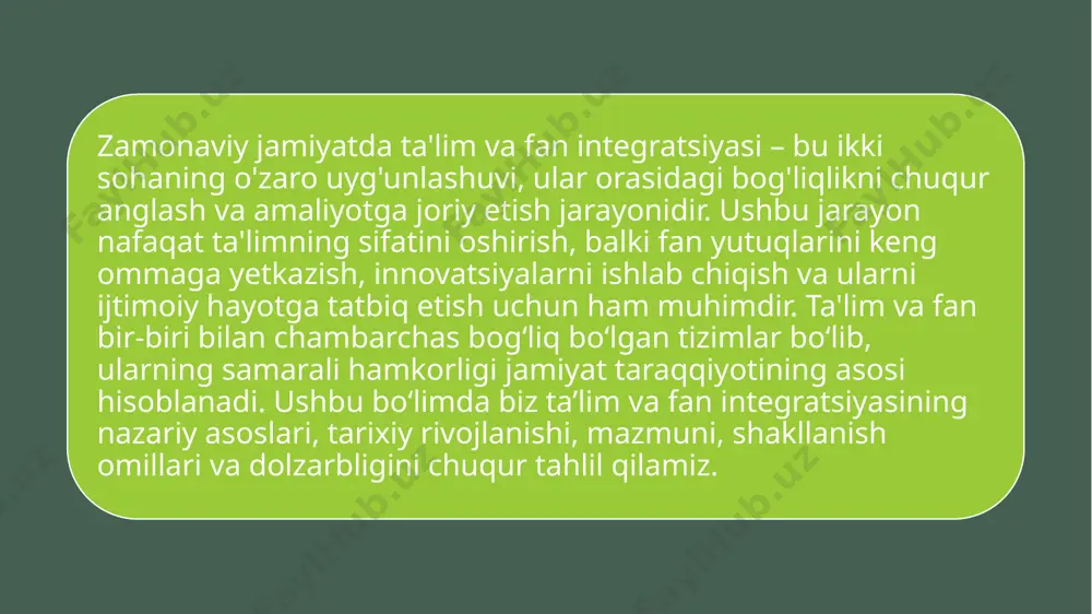 i ilmiy va amaliy fikrlashga, tanqidiy tahlilga va loyihaviy faoliyatga tayyorlashni maqsad qiladi. bu yondashuvlar ilm-fanning taʼlim jarayoniga bevosita integratsiyalashuvi uchun poydevor bo‘lib xizmat qilmoqda. universitetlar va ilmiy markazlar o‘rtasidagi strategik hamkorlik yaqin istiqbolda o‘zbekiston va boshqa ko‘plab davlatlar taʼlim va ilm-fanni birlashtirish maqsadida universitetlar va ilmiy-tadqiqot institutlari o‘rtasida integratsion markazlar, inkubatsion va texnoparklar tashkil etishni kengaytirishmoqda. ushbu tashabbuslar orqali talabalarning ilm-fan sohasiga erta kirib kelishiga zamin yaratiladi. integratsiyani rivojlantirish bo‘yicha tavsiyalar amaliyotga yo‘naltirilgan dasturlar – taʼlimda ko‘proq laboratoriya mashg‘ulotlari, loyihaviy ishlanmalar va ilmiy eksperimentlar tashkil etish zarur. ilmiy-tadqiqot institutlari bilan uzviy hamkorlik – universitetlar o‘z qoshida ilmiy laboratoriyalar, innovatsion markazlar ochishlari lozim. raqamli platformalarni joriy etish – masofaviy laboratoriyalar, ilmiy simulyatsiyalar va sun’iy intellekt asosidagi o‘quv modullarni rivojlantirish. zamonaviy jamiyatda taʼlim va fan integratsiyasi – bu shunchaki ilmiy nazariya yoki ma’muriy islohot emas, balki jamiyatning barqaror rivojlanishiga xizmat qiluvchi strategik yo‘nalishdir. fan – bu bilimlar manbai, taʼlim esa shu …