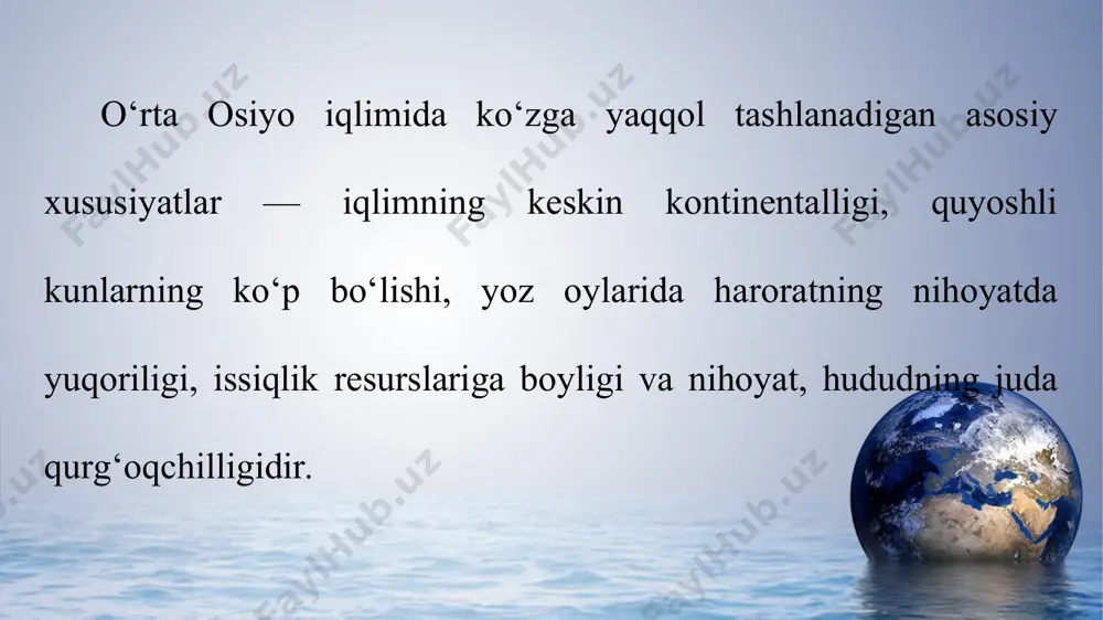 tijada, havoning harorati juda past bo‘lib, qor qoplami ancha qalin, qahraton qish uzoq davom etadi. find more powerpoint templates on prezentr.com! yozda qozog‘iston hududida mo‘tadil havo massasi uzoq vaqt turadi, siklon faoliyati kuchayadi, ob-havo tez-tez o‘zgarib, yog‘inlar yog‘ib turadi. qozog‘iston iqlimi mo‘tadil iqlim mintaqasiga kiritiladi. find more powerpoint templates on prezentr.com! turon iqlimi subtropik iqlim xususiyatlariga ega. turon iqlimida yillik yog‘inlarning 35–40 foizi qish va bahor oylariga, atigi 2–5 foizi yoz oylariga to‘g‘ri keladi. find more powerpoint templates on prezentr.com! qozog‘iston iqlimida esa qishki va yozgi yog‘inlar miqdori deyarli teng bo‘ladi. turon iqlimiga xos bo‘lgan qishda «iliq» kunlarning ko‘p bo‘lishi qozog‘iston iqlimi uchun mutlaqo xos emas (16- rasm). find more powerpoint templates on prezentr.com! find more powerpoint templates on prezentr.com!