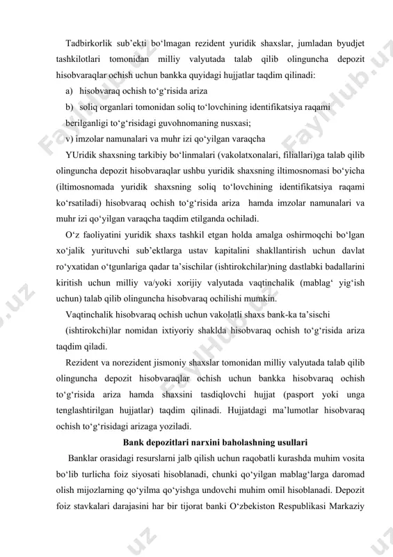 icha daromad hajmi qo‘yilma muddati, summasi, hisobvarag‘ini amal qilish xususiyati, xizmatlar hajmi va xarakteri va, nihoyat, mijozning qo‘yilma shartnomasi shartlariga amal qilishiga bog‘liq. talab qilingungacha bo‘lgan depozitlar bo‘yicha hisobvaraqalari egalari tomonidan joriy operatsiyalarni amalga oshirish uchun ishlatiladi va ular qoldiqning nomuntazamligi bilan xarakterlanadi. shuning uchun bunday schetlar guruhi daromadlik darajasi bilan ajralib turadi. yuridik shaxslarga ochilgan talab qilinguncha hisobvaraqalaridagi mablag‘lar qoldig‘i bo‘yicha foizlar umuman to‘lanmasligi mumkin. bunday foyda, odatda, mijozlarni hisob kassa xizmatlari uchun to‘lov mablag‘larini talab qilinguncha hisobvaraqalarda mablag‘larni minimallashtirish va ortiqcha summalarni qo‘yilmalarning daromadliroq shakllariga joylashtirishga undaydi. jismoniy shaxslar uchun ochilgan talab qilinguncha varaqalar bo‘yicha foizlar deyarli majburiy tartibda o‘rnatiladi, ammo u bo‘yicha daromad hamisha muddatli qo‘yilmalarga qaraganda pastroq bo‘ladi. muddatli qo‘yilmalar bo‘yicha foiz stavkasi hajmini o‘rnatishdagi muhim omil bo‘lib, mablag‘lar joylashtirilgan muddat hisoblanadi. markaziy bank emissiya markazi sifatida makroiqtisodiy darajadagi pul aylanishi hamda bank tizimining likvidliligi nuqtai nazaridan tijorat banklarining ular tomonidan jalb qilingan mablag‘lardan foydalanish imkoniyatlarini …