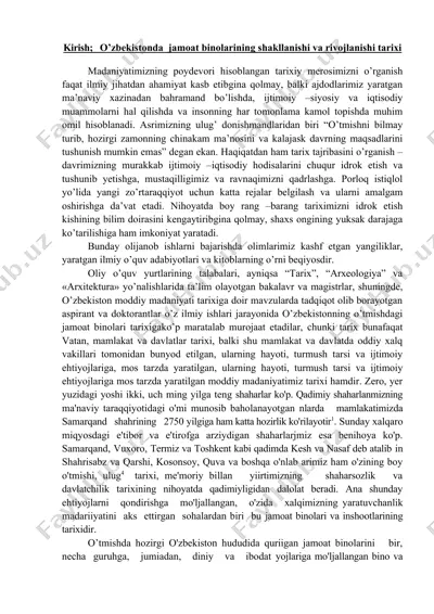 o’zbekistonda jamoat binolarining shakllanishi va rivojlanishi tarixi — DOCX