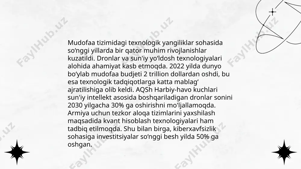 i sezilarli oshdi. 2022-yilda global harbiy hamkorlikka 1,93 trillion dollar ajratilgan, bu avvalgi yillarga nisbatan 10% ko'proq. 60 dan ortiq davlat birgalikda harbiy mashg'ulotlarda ishtirok etib, tajriba almashmoqda. shveysariya 2023-yilda 8 ta xalqaro harbiy dasturning homiysi sifatida hamkorlikni mustahkamlamoqda. shu bilan birga, xalqaro operatsiyalarda 300 mingdan ortiq qo'shinlar ishtirok etmoqda va turli davlatlar o'rtasida 1500 dan ortiq harbiy shartnomalar tuzilgan. bu ko'rsatkichlar xalqaro xavfsizlik va barqarorlikni ta'minlashda muhim rol o'ynamoqda. o‘zbekiston respublikasining qurolli kuchlari tizimida amalga oshirilgan islohotlar uktamov qobiljon tgfu 19/24 guruhi e'tiboringiz uchun raxmat! image1.png image2.png image3.png image4.jpg image5.png image6.jpg image7.jpg /docprops/thumbnail.jpeg