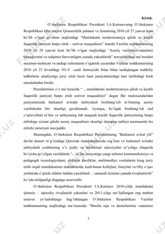 r kollejlari, litseylari va oliy o’quv yurtlarida o’qitish sifatini tubdan yaxshilash ... samarali tizimini yanada rivojlantirish” ko’zda tutilganligi diqqatga sazovordir. o’zbekiston respublikasi prezidenti i.a.karimov 2010-yilda mamlakatni ijtimoiy – iqtisodiy rivojlanish yakunlari va 2011-yilga mo’ljallangan eng muhim ustuvor yo’nalishlarga bag’ishlangan o’zbekiston respublikasi vazirlar mahkamasining majlisidagi ma’ruzasida: “barcha reja va dasturlarimiz vatanimiz taraqqiyotini rejalshtirish, halqimiz farovonligini oshirishga xizmat qiladi” – deb ta’kidlagan. 2011-yilga mo’ljallangan dasturiy vazifalarni amalga oshirish, birinchi navbatda har birimiz o’z ishimizni qanday tashkil etishimiz, oldimizga qo’ygan ulkan maqsadlarga erishish uchun kuch va imkoniyatlarimizni, bilim va tajribamizni qanchalik samarali safarbar eta olishimizga bog’liq ekani haqida ortiqcha gapirishning hojati deb yakunlagan. xxi asr ilm–fan, texnika sohasida rivojlanish davri, bugungi kunda boshlang’ich davrlardayoq yangi pedagogik texnologiyalarni ta'lim jarayoniga tatbiq etish g’oyat dolzarbdir. har bir o’qituvchi o’z darsning samarali bo’lishini istaydi. o'tgan mavzu yuzasidan o’quvchi tegishli tushuncha va bilimga ega bo'ldimi, yo'qmi?-degan savollar o’qituvchi dilida hamisha ko’ndalang bo’lib turadi. bu savollarga ijobiy javob …