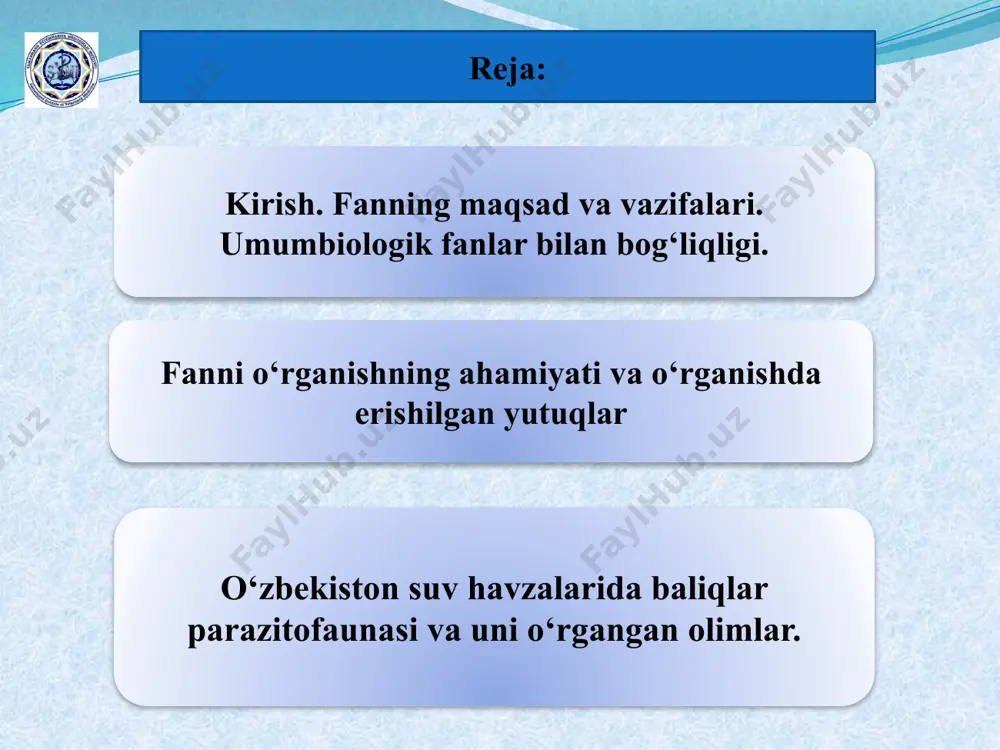 ni sinchiklab o‘rganish jiddiy amaliy ahamiyatga ega hisoblanadi. ixtiopatologiya ko‘pincha holatlarda kasalliklarga qarshi ularning oldini olish, ya’ni profilaktika chora – tadbirlarini amalga oshirish nuqtai nazaridan ahamiyatga ega hisoblanib, bunda albatta baliqlarning hayotiga bevosita va bilvosita ta’sir ko‘rsatuvchi omillar haqida batafsil ma’lumotlarga ega bo‘lish talab qilinadi. fanning maqsad va vazifalari. baliq kasalliklari fanining o‘qitishdan maqsad talabalarga baliq kasalliklari, uning sabablari, kasallik keltiruvchi organizmlar, ya’ni parazitlar, parazitlarni patogen xususiyatlari, baliqlarning kasallikka beriluvchanliklari va kasallikka chidamligi, profilaktik choralar hamda parazitlarga qarshi kurash usullari bo‘yicha bilim berish. baliq kasalliklari fani hayvonat dunyosini o‘rganishda nazariy va amaliy masalalarni hal etib biologiyaniig ayrim yo‘nalishlarini va xalq xo‘jaligini rivojlanishi uchun asos bo‘lib xizmat qiladi. baliq kasalliklari fanining vazifalari xalq xo‘jaligining iqdisodiy rivojlanishi bilan bog‘liq ekanligini tushuntirish; talabalar baliq parazitlari, ular keltirib chiqaradigan kasaliklarni o‘rganish asosida hayvon (baliq) organizmlarining parazitlar keltiradigan kasallikka chidamligini oshirishni o‘rganish; parazitlarni kamaytirish, rivojlanish intensivligini va organizmni zararlash darajalarini pasaytirish; parazitlarga qarshi kurash chora …