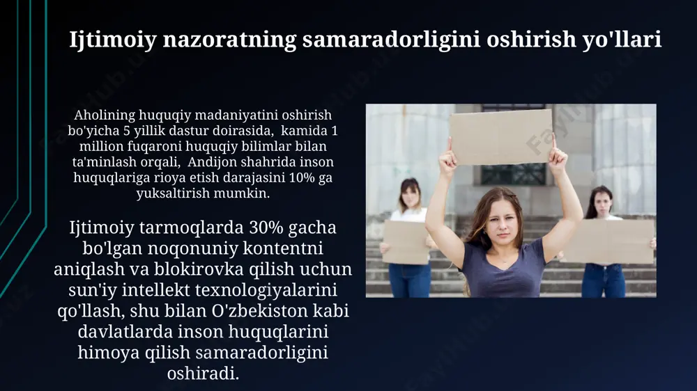 qonunlarni amalga oshirish va sud jarayonlarini nazorat qilish orqali. konstitutsiya va 30 dan ortiq qonunlar inson huquqlarini kafolatlaydi, ammo amalda ularning to‘liq bajarilishi uchun davlat organlarining samarali faoliyati muhim ahamiyat kasb etadi. ijtimoiy nazoratning cheklovlari va muammolari jamiyatdagi kuchli qabilalar yoki guruhlarning ta'siri, masalan, 5000 dan ortiq a'zosi bo'lgan toshkentdagi ma'lum bir diniy guruh, ijtimoiy nazorat mexanizmlarini buzishi va adolatsizlikka olib kelishi mumkin. qonunlarning noaniqligi va ijtimoiy nazorat organlarining vakolatlarining aniq belgilanmaganligi, masalan, 2017 yildagi o'zbekistondagi qonun hujjatlaridagi kamchiliklar kabi, inson huquqlarining buzilishiga olib kelishi mumkin. huquqiy mexanizmlar va ijtimoiy nazorat o'zbekistonda 2017-yildan keyin qabul qilingan 5 ta asosiy qonun hujjati inson huquqlarini himoya qilish mexanizmlarini mustahkamlash bilan birga, fuqarolar tomonidan ijtimoiy nazoratni kuchaytirishga turtki bo'ldi. surxondaryo viloyatida 2023-yil davomida "ochiq eshiklar kuni" tadbirlari doirasida 1500 dan ortiq fuqaro o'z huquqlarining buzilishi haqida shikoyat qilib, huquqiy mexanizmlardan foydalanish va ijtimoiy nazoratni ta'minlashda faol ishtirok etdi. ommaviy axborot vositalari va inson …