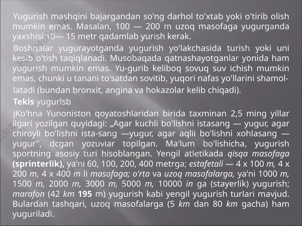 shdagi o'g'il bolalar va qizlar yugiradilar^masalan, yoshlar o'rtasida jahon rekordi 2 rr.in 20,37 s ga (elektron sekundomer bo'yicha) teng. bu ko'rsatkichga ingliz sportchisi xen bouksi erishgan. qizlar orasida 2 min 38,58 s (elektron sekundomerda) ingliz sportchisi jo uayt erishgan. respublikamizda 800 rn masofaga yugirish bo'yicha rekord natijaga e.nurmatov (lm.52,3 sek), qizlar orasida l.kir-yuxina (2 m.04,76 sek) erishganlar. fl — 3 km ga kross yugurish butun tanaga ijobiy ta'sir kotssatuvchi, juda yaxshi sog'lomlashtirish vositasi hisoblanadi.;krossga, dastlab, bir maromda yugurish bilan o'rgatiladi. yuqoriroq natijaiarga erishish uchun esa 5 — 6 mashg'ulotdan keyin o'tiladi. muayyan masofaga yugurish maromini egallash uchun (qanday teziik bilan yugurishni) kross yugurishning birinchi mashg'ulotlaridan boshlab mashq qilinadi. image3.png image4.png image5.png image6.png image7.jpeg image8.jpeg image2.jpeg