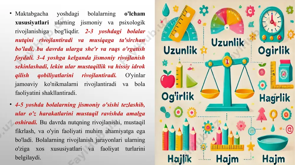 etlar bilan ishlashda ularning o'lchamini tushunishni boshlaydi. ular predmetlarni qo'llarida ushlab, o'zaro solishtiradi, bu esa idrokning rivojlanishiga yordam beradi. 3. o'lcham tushunchalarining rivojlanishi: bolalarning idrok qilish qobiliyati o'sgan sari o'lcham tushunchalari yanada murakkablashadi. masalan, bolalar faqat bitta predmetning o'lchamiga emas, balki bir nechta predmetlar o'rtasidagi nisbatlarga ham e'tibor bera boshlaydi. maktabgacha yoshdagi bolalarni o'qitish va tarbiyalashda ushbu jarayonlarni yodda tutish muhimdir. o'quv faoliyatini shunday tashkil etish kerakki, bolalar amaliy mashg'ulotlar orqali predmetlarning o'lchamini anglab, bu borada o'z ko'nikmalarini mustahkamlash imkoniyatiga ega bo'lsin. maktabgacha yoshdagi bolalarning obyektlarning kattaligi haqidagi tasavvurlarini rivojlantirishda hissiy asos muhim o‘rin tutadi. hissiy tajribalar orqali bolalar obyektlarning kattaligini va o‘lchamlarini aniqlashni o‘rganadilar. bu jarayon quyidagi asosiy elementlarni o‘z ichiga oladi: 1. hissiy tajribalar: bolalar obyektlarni ko‘rish, tutish, sezish va boshqa hissiy organlar orqali o‘rganadilar. kattalikni tushunish uchun ular turli obyektlarning og‘irligi, tuzilishi, shakli va boshqa fizik xususiyatlarini taqqoslashlari kerak. 2. taqqoslash va farqlash: bolalar kichik va katta …