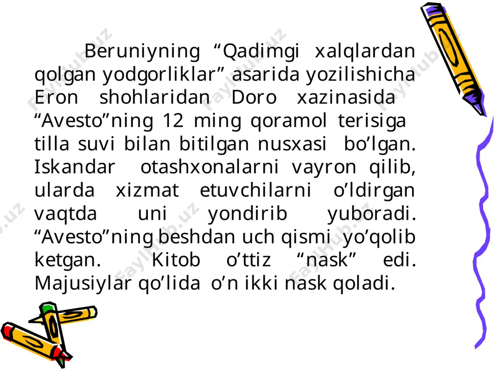 di”, deydi. ushbu bashorat hammaga bema’ni bo‘lib tuyuladi. bola behad ko‘rkam bo'lib o‘sadi. ko‘rganki bor, uni sevib qolardi. shulardan biri exo edi. u nargizning ortidan soyadek ergashadi. ammo ko‘plar qatori rad javobi oladi. exo alamidan g‘orga kirib ketadi va dard chgkib qurib, ovozigina qoladi. jismi esa toshga aylanadi. kimki u yerga kirib gapirsa, faqat exo - aks-sado qaytadi. hamma to'planib, qasos ma’budasi nemezidga “nargizni jazola!” deydi. nemezid istakni bajaradi,: “nargiz o‘zini sevib, o‘ziga yetolmay azob cheksin”, deydi. kunlardan bir kun nargiz ovdan qaytayotib chanqaydi va suvga boradi. suvda o‘z ak- sini ko‘rib esa, sevib qoladi. suvdagi aksga yetolmay, yig‘lab iztirob chekadi. shunday azoblanadiki, axiyri qovjirab quriydi... odamlar ancha vaqtdan keyin sohilda bir gulni topib olishadi: oq nargiz gulni. pandora haqidagi mif. zamonaviy dunyoda urushlarning ko‘payib ketganini pandora qutisining ochilib ketishi bilan bog‘lashlar ham bor. u qanday quti edi? pandora kim? pandora - prometey ma’budlardan olovni o‘g‘irlagani uchun insonlarni, xususan, erkaklarni …