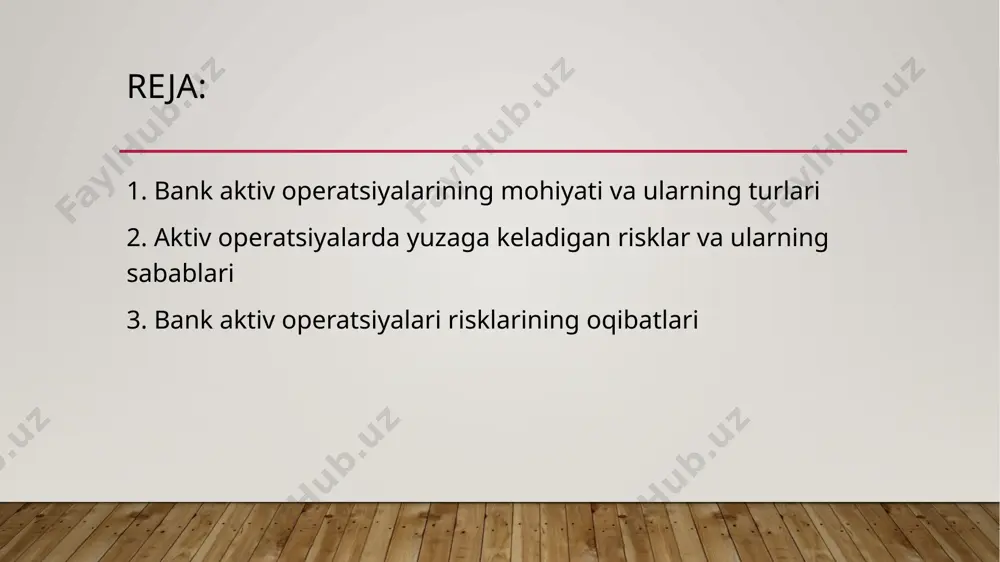 sini belgilaydi, balki butun iqtisodiyotning rivojlanishiga ham bevosita ta’sir ko‘rsatadi. 2. aktiv operatsiyalarda yuzaga keladigan risklar va ularning sabablari bank aktiv operatsiyalarida risklar muqarrar hisoblanadi, chunki ular to‘g‘ridan-to‘g‘ri bankning foyda olishiga, likvidligiga va barqarorligiga ta’sir ko‘rsatadi. asosiy risk turlari quyidagilardan iborat: 1. kredit riski bu eng keng tarqalgan risk bo‘lib, qarzdorlar tomonidan o‘z majburiyatlarini o‘z vaqtida va to‘liq bajarmasligi xavfini anglatadi. kredit riski bank balansidagi asosiy aktiv – kredit portfelining sifatiga bevosita ta’sir qiladi. 2. foiz stavkasi riski foiz stavkalari o‘zgarishi natijasida bankning daromadlari kamayishi yoki zarar yuzaga kelishi mumkin. masalan, kreditlar bo‘yicha foiz stavkasi qat’iy belgilangan, ammo jalb qilingan resurslar stavkasi oshsa, bank foydasi pasayadi. 3. likvidlilik riski bank o‘zining qisqa muddatli majburiyatlarini bajarish uchun yetarli likvid aktivlarga ega bo‘lmaganda yuzaga keladi. bu holat mijozlar ishonchining pasayishiga ham olib kelishi mumkin. 4. valyuta riski valyuta kurslarining beqarorligi natijasida aktivlarning qiymati pasayishi yoki bank zarar ko‘rishi xavfi. masalan, xorijiy valyutada …