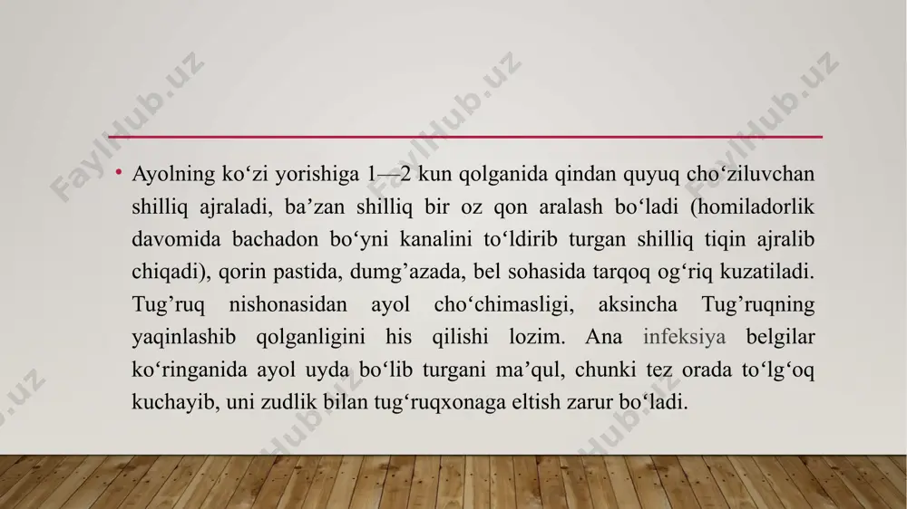 ik qilmayotganligiga ishonch hosil qilinadi; – simfiz ustidan qo‘l bilan qorin devorini bosib turmasdan tizimchani tortmaslik kerak. – yo‘ldosh pardalarining yirtilmasligi uchun platsenta ikki qo‘llab ushlanadi va o‘z o‘qi atrofida asta-sekin aylantiriladi. portogramma- hozirgi kunda tug’riqni olib borishda eng oddiy samarali vosita bo’lib hisoblanadi. portogrammani asosiy tamoyillari quyidagilardan iborat: bu bachadon bo’ynini ochilishini uzluksiz grafik holda aks etish usulidir shu bilan bir qatorda ; bu ona bola ahvolining tug’ruq kechishining boshqa ko’p xususiyatlarini grafik holatda aks ettirish usuli. apgar-tug’ilgan chaqaloqni jismoniy rivojlanishi va yetukligini aniqlash a-apperance p- pulse g-grimase a-activity r-respiration apgar shkalasi bo’yicha 5 ta muhim belgilar: teri rangi, yurak urishi, harakatchanligi , mushaklar tonusi , nafas olish ga asoslanib o’tkaziladi. har bir belgi 3 balli sistemada baholanadi 0, 1, 2 chaqaloq ahvolini baholash beshta belgi yigindisiga qaraladi. soglom chaqaloqlar uchun bu ko’rsatgich 7-10 gacha qilib belgilanadi. yengil asfiksiyada tugilgan chaqaloqlar 5-6 ballad baholanadi. o’rtacha asfiksiyada tug’ilgan chaqaloqlar 4-5 …
