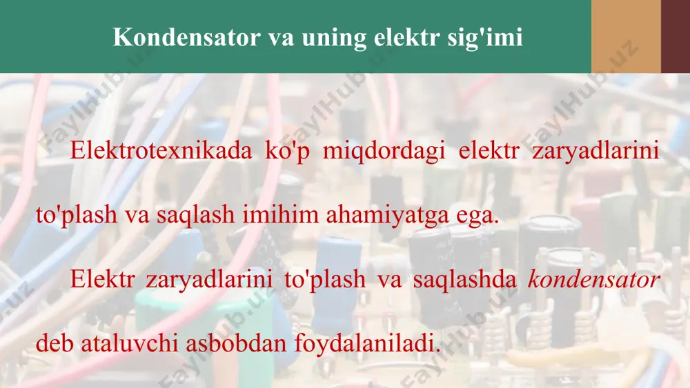 dek, qopla­malari orasidagi masofa d qancha katta bo'lsa, konden-satorda shuncha kam zaryad to'play oladi. yassi kondensatorning sig'imi qoplamalari yuzasiga to'g'ri proporsional, qoplamalari orasidagi masofaga teskari proporsional: elektrotexnikada turli miqdorda zaryadlarni to'plashga mo'ljallangan kondensatorlar ham qo'llaniladi. radiotexnikada o'zgaruvchan sig'imli konden-satorlar keng qo'llaniladi (80-rasm). uning ishlash prinsipi qoplamalarning bir-biriga nisbatan siljishiga asoslangan. kondensator navbatma-navbat oralatib joylashtirilgan qo'zg'almas va qo'zg'aluvchan metall qoplamalardan iborat bo'lib, qo'zg'aluvchan qoplamalar murvatga biriktiriladi. murvat buralganda kondensatoming qo'zg'aluvchan qoplamalari qo'zg'almas qoplamalarining orasiga kiradi. bunda qoplamalarning ustma-ust tushgan yuzalari (s) o'zgaradi. shunday usulda kondensatoming sig'imini o'zgartirish mumkin bo'ladi. radioni kerakli to'lqinga sozlash uchun murvat buralib, o'zgaruvchan kondensatoming sig'imi o'zgartirib boriladi. bundan tashqari, qutbli va qutbsiz kondensatorlar ham ishlatiladi (81-a, b rasm). kondensatorlardan elektr dvigatellarini yurgizishda, elektromobillarni harakatlantirishda hamda sanoat elektronikasida keng qo'llaniladi. kondensator sig'imining qoplamalari orasidagi masofaga bog'liqligidan kompyuter klaviaturasini kodlash jarayonida foydalaniladi. har bir klavish (rugmacha) tagida kondensator joylashtirilgan bo'lib, klavishni bosishimiz bilan uning sig'imi o'zgaradi (82-rasm). klavishlarga ulangan …