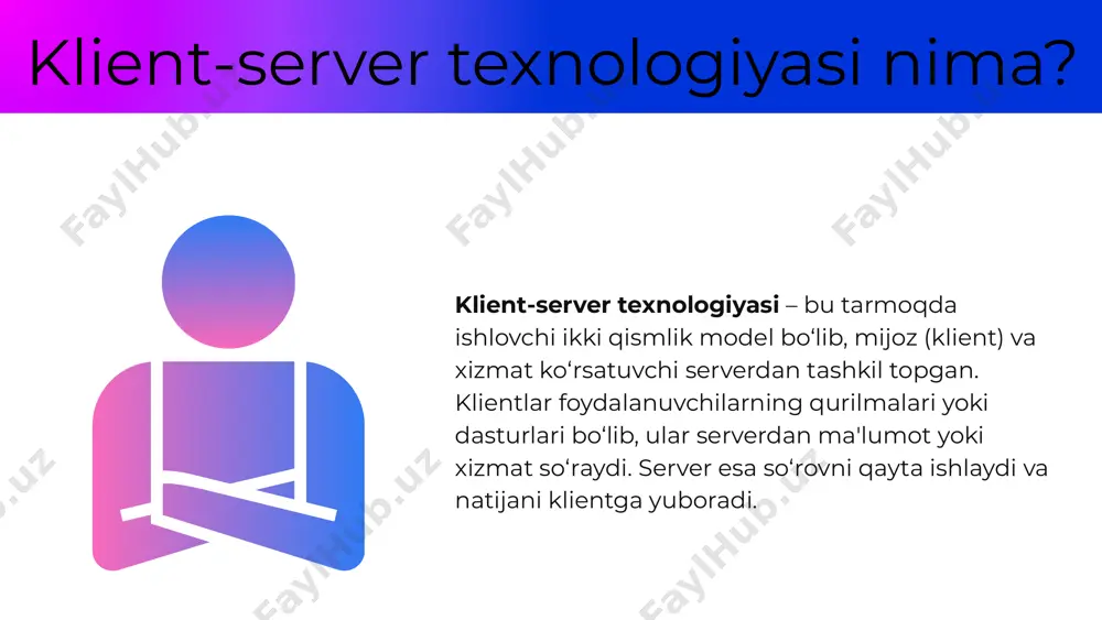 xavfsizlikni oshiradi. klient-serverning afzalliklari xavfsizlikni boshqarish oson: serverda barcha ma’lumotlar saqlanadi, shuning uchun xavfsizlikni boshqarish va himoya qilish osonroq. resurslarni samarali taqsimlash: resurslar (masalan, saqlash, hisoblash) markazlashtirilgan holda taqsimlanadi, bu samarali ishlashni ta’minlaydi. kengaytirilish imkoniyati: tizimni rivojlantirish va yangi klientlarni qo‘shish oson, bu tizimni kengaytirishga yordam beradi. klient-serverning kamchiliklari 01 serverdagi nosozliklar tizimning to‘xtashiga olib keladi: agar server ishlamasa, butun tizim faoliyatini to‘xtatishi mumkin. 02 03 04 dastlabki sozlash va xarajatlar: klient-server tizimi uchun dastlabki qurilish va sozlash jarayoni qimmat va vaqt talab qilishi mumkin. yuklama oshishi: serverga ko‘p mijozlar ulanishi va so‘rov yuborishi tizimning sekin ishlashiga olib kelishi mumkin. klient-server texnologiyasi qayerda qo‘llaniladi? veb-saytlar va internet xizmatlari: klientlar brauzer orqali so‘rov yuboradi, server esa sahifani ko‘rsatadi. elektron pochta tizimlari: pochta serverlari foydalanuvchilarga xabarlarni yuboradi va qabul qiladi. onlayn bank xizmatlari: bank tizimlari foydalanuvchilarga hisob-kitoblar qilish imkoniyatini beradi. korporativ tarmoqlar: katta tashkilotlar o‘z ichki tarmoqlarida ma’lumotlarni taqsimlash va ulashish uchun …