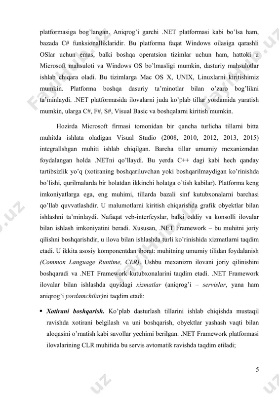 masalalarni hal qilishda albatta bu dasturlash tilidan foydalanishga to’g’ri keladi. ushbu ishda sinflar ustida bajariladigan barcha amallar keltirilgan. ish uslubiy qo’llanma ko’rinishda tayyorlanadi. bu juda katta nazariy va amaliy ahamiyatga ega. c# dasturlash tili bevosita c, c++ va java dasturlash tillari bilan bog‘liq. chunki bu 3ta til dasturlash tillari bo‘yicha eng mashhurlaridir. c# va java dasturlash tillari o‘zaro o‘zgacha bog‘langan. ularning kelib chiqishi c va c++ bo‘lsada o‘zaro bir biridan farq qiladi. c# dasturlash tili ham ob’ektga mo‘ljallangan tillar sirasiga kiradi. kurs ishining maqsadi va vazifalari: vs 2010 da c# tili yordamida 17 xil loyiha yaratish mumkin. c# tili o‘zining interfeysi va sintaksisi uning yuqori sathli dasturlash tillariga kirishiga olib keladi. uning butun dasturlash tanasi bo‘ylab boshqarishni ehm ga topshiradi va faqat bajarilishi lozim bo‘lgan shartnigina dasturchi tomonidan yozilishi va shu bilan birga, u tomonidan qo‘llaniladigan ―aqlli dasturlash (ya‘ni har bir kodning boshlang‘ich harfi yoki belgisi kiritilganida u kodning qolgan …