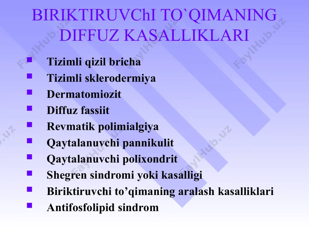 orlarda 20-25% holatlarda teri sindromi kasallikning dastlabki belgisi. tayanch-harakat tizimining zararlanishi – artralgiyalar – artritlar 90-100% bemorlarda mialgiyalar – 35-45% bemorlarda yurak zararlanishi – perikardit miokardit libman – saks endokarditi pankardit o`pkalar zararlanishi 50-80% - quruq va ekssudativ plevrit lyupus pnevmonit oshqozon-ichak yo`llari zararlanishi – 50% hollarda buyraklar zararlanishi nefrit minimal peshob sindromi bilan nefrit nefrotik sindrom bilan faol lyupus-nefrit ifodalangan peshob sindromi bilan 1/3 bemorlarda asab tizimi zararlanishi periferik va bosh miyadan chiquvchi nervlar – 1/3 bemorlarda xoreya tirishish sindromi ruxiy buzilishlar organik miya simptomlari tizimli qizil bo`richa tashxisiy mezonlar: 1. yanoq soxasidagi toshmalar. yanoq yoyida joylashgan, burun-yonoq burmasiga tarqalish tendensiyasiga ega. yassi yoki bo`rtib turuvchi eritema. 2. diskoid toshmalar. teri buzilishlariga ega bo`rtib turuvchi eritramatoz toshmalar. eski o`choklarda esa atrofik chandiqlar uchraydi. 3. fotosensibilizasiya. anamnezida yoki vrach kuzatuvida kuyosh nurlanishiga noodatiy reaksiya natijasida terida toshmalar paydo buladi. 4. og`iz bo`shlig’i yaralari. burun-xalqum yoki og`iz bo`shlig`ida vrach tomonidan aniqlanadigan …
