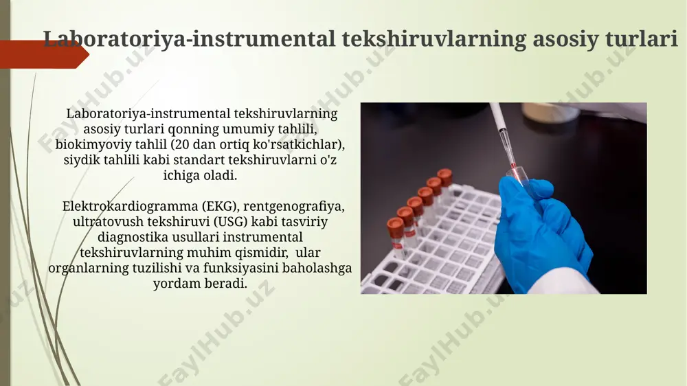si 10 yilda portativ va arzon narxdagi diagnostika qurilmalarini yaratish mumkin bo'ladi, bu esa keng qamrovli screening dasturlarining samaradorligini oshiradi. gormonal tekshiruvlarning turlari va usullari jinsiy gormonlar (estradiol, progesteron, testosteron) darajasini aniqlash uchun qon tekshiruvi, ayniqsa, bepushtlik, reproduktiv tizim kasalliklari va jinsiy rivojlanish buzilishlarini aniqlashda foydalaniladi. qalqonsimon bez gormonlari (t3, t4, tsh) tekshiruvi qon namunasi orqali amalga oshiriladi va bu tekshiruv hipotireoz yoki gipertireoz kabi kasalliklarni aniqlashda muhim ahamiyatga ega. avtomatlashtirilgan tizimlar avtomatlashtirilgan tizimlar natijalarni qayta ishlash tezligini 10-15 baravarga oshirib, inson xatoligini 5% dan kamroq qilib kamaytiradi, bu esa diagnostika aniqligini yaxshilaydi. avtomatlashtirilgan tizimlar, masalan, elisa texnologiyasi yordamida 96 yoki undan ortiq namunani bir vaqtda tahlil qilish imkonini beradi, bu esa reagent sarfini optimallashtiradi. zamonaviy uskunalar va texnologiyalar mass-spektrometriya kabi ilg'or texnologiyalar 1000 dan ortiq turdagi biomolekulalarni, shu jumladan gormonlarni aniq va tezkor aniqlash imkonini beradi. pcr (polimeraza zanjiri reaksiyasi) texnologiyasi yuqori aniqlikda genetik materialni ko'paytirishga imkon beradi va …