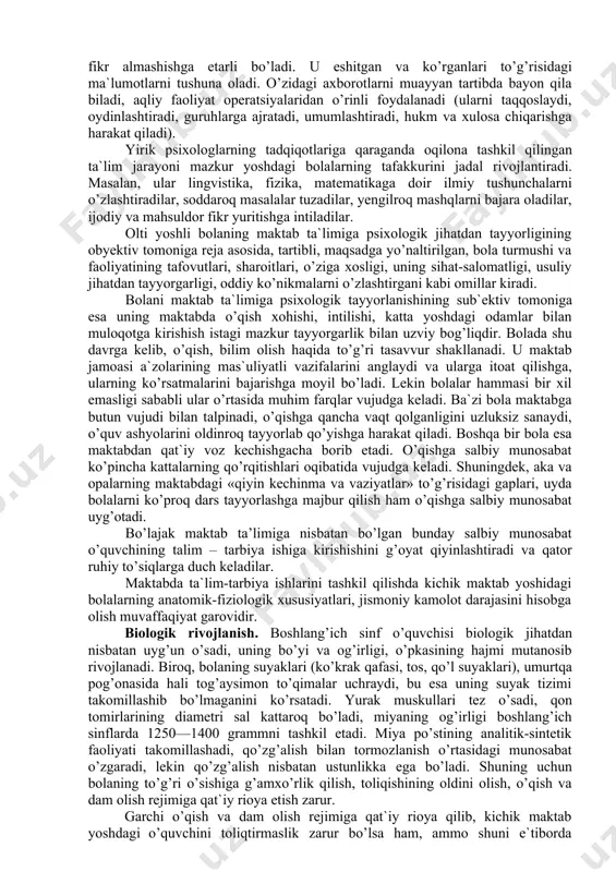i bu axborotlarni o’zlashtirib kelgan bo’l-sa, endi o’z xohish-irodasi bilan zarur ma`lumotlar to’plashga, o’z oldiga aniq maqsad va vazifa qo’yishga harakat qiladi, bolaning ana shu faolligi xotirasining muayyan darajada rivojlanganini bildiradi. u she`r, hikoya va ertaklarni esda qoldirish uchun go’yo takrorlashi, yod olishning eng qulay yo’l va usullaridan foydalanishi ta`lim jarayonida unga juda qo’l keladi. birinchi sinf o’quvchisi ko’pincha yaqqol obrazli xotiraga suyanib bilish faoliyatini tashkil etsa ham, bu ish xotiraning boshqa turlarini inkor qilmaydi, aksincha, ta`lim so’z—mantiq xotirasini taqozo etadi. so’z—mantiq xotirasining mavjudligi ma`nosini tushunib esda olib qolish jarayonining samaradorligi ortishiga keng imkoniyat yaratadi. tajribadan ma`lumki, bola ma`nosiz so’zlardan ko’ra ma`nodor tushunchalarni birmuncha tez va mustahkam eslab qolish xususiyatiga ega. uning nutqi maktab ta`limiga tayyorgarlik bosqichida kattalar bilan muloqotga kirishish, kishilarning fikrini uqib olish va to’g’ri idrok qilish darajasida, nutqining tuzilishi esa grammatika qoidalariga mos, mantiqan izchil, ifodali, miqdor va ko’lam jihatdan fikr almashishga etarli bo’ladi. u eshitgan va …