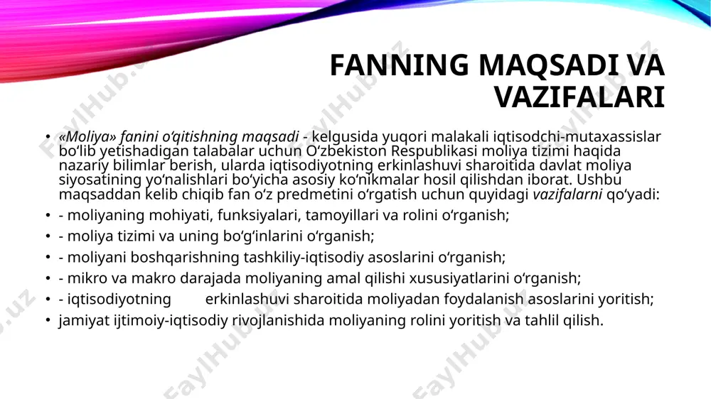 ing takomillashuviga olib keladi. a.m.birman moliyaning quyidagi funksiyalari mavjudligini e’tirof etadi: xo‘jalik yuritish jarayonini pul mablag‘lari bilan ta’minlash nazorat taqsimlash a.m.aleksandrov va e.a.voznesenskiy tasdiqlaydiki, moliya quyidagi funksiyalarni bajaradi: pul fondlarini shakllantirish shakllantirilgan pul fondlaridan foydalanish nazorat 1. “moliya” sо‘zi lug‘aviy ma’nosi nimani anglatadi? {= “daromad” yoki “tо‘lov” ~ “tо‘lov” yoki “foyda” ~ “talab” yoki “taklif” ~raqobat yoki foyda} 2. moliya sо‘zini ona tilimizda ishlatilishining qanday kо‘rinishlari mavjud? {=biror shaxs, oila, jamoa, muassasa, tashkilot yoki davlat tasarrufi­dagi pul mablag‘lari ~ moliya ishlari bilan shug‘ulla-nuvchi davlat organi ~ maqsadli pul fondlarini hosil etish, jamlash, taqsimlash va ishlatish yuzasidan paydo bо‘ladigan iqtisodiy munosabatlar majmui ~ pul mablag‘larini shakllantirish, taqsimlash, ularni sarf qilish tizimi} 3. moliyaning qanday funksiyalari mavjud? {= taqsimlash ~pul fonndlarini shakllantirish va nazorat ~ nazorat ~ tartibga solish} 4. moliya –bu? {= mdni yaratish va undan foydalanishni bog‘lovchi bо‘g‘in ~ pulli munosabatlarni ifodalaydi ~ pulli munosabatarini tartibga soladi ~ pul fondlarini …