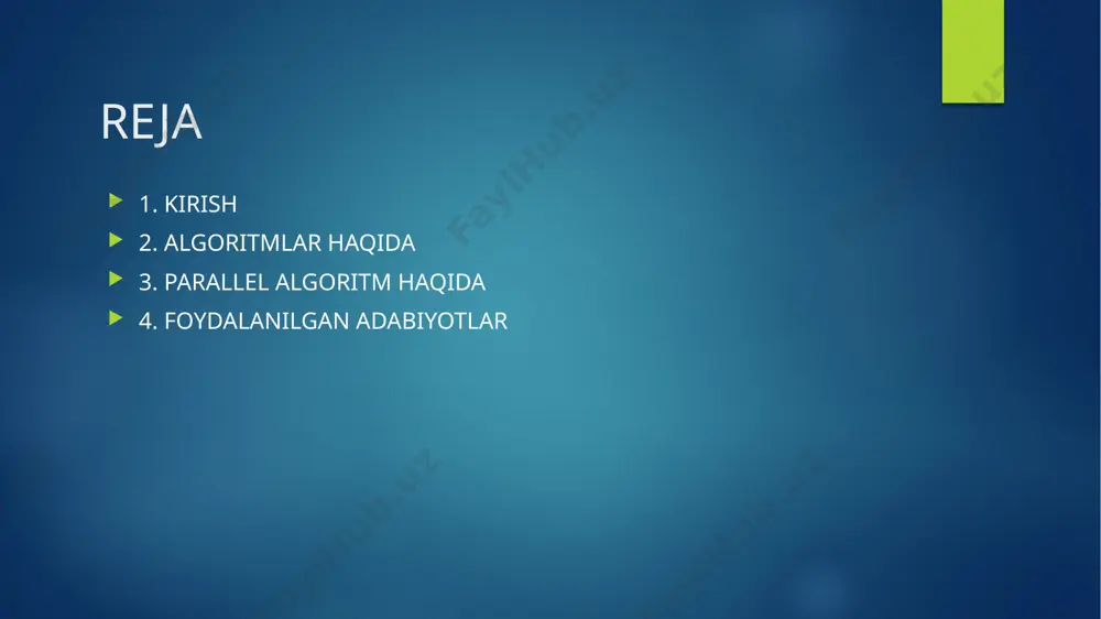di. algoritmlar nazariyasi bo'yicha birinchi fundamental ishlar 1936-yilda paydo bo'lgan. tyuring mashinasi, post va chyorch tomonidan λ-hisobi taklif etiladi. ushbu mashinalar algoritmning formallashtirilgan rasmiylashtirilishi edi. algoritmni bajarayotgan kishi – ijrochi, asosiy algoritmni aniqlashtiruvchi algoritm – yordamchi algoritm ekanligini ham ta’kidlab o’tish joiz. umuman, algoritmning qanday maqsadga mo’ljallanganligidan qat’i nazar uni muvaffaqiyat bilan bajarish mumkinligini aytib o’tish lozimdir. algoritm ta’rifi algoritmning bir nechta ta’rifi mavjud. ulardan ayrimlarini keltirib o’tamiz: – “algoritm - bu belgilaydigan cheklangan qoidalar to'plami, muayyan vazifalar to'plamini hal qilish bo'yicha amallar ketma-ketligi va beshta muhim xossaga ega: aniqlik, tushunarlilik, kiritish, chiqarish, samaradorlik”. (d. e. knut). – “algoritm - bu qat'iy belgilangan qoidalar asosida bajariladigan har qanday hisoblash tizimidir, bu ma'lum bir qator bosqichlardan so'ng, aniq qo'yilgan masalani hal qilishga olib keladi" (a. kolmogorov). – “algoritm - bu har xil boshlang'ich ma'lumotlardan kerakli natijaga o'tadigan hisoblash jarayonini belgilaydigan aniq ketma-ketlik" (a. markov). parallel algoritmlar parallel algaritmlar haqida so’z yuritishdan …