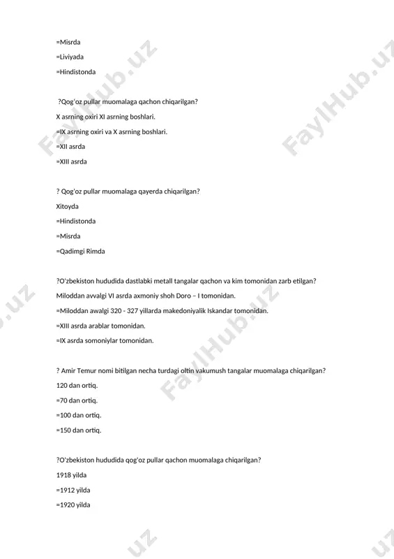 ingan? 1920 yilda =1917 yilda =1922 yilda =1924 yilda. ?pulning mohiyati nimada aniq namoyon bo'ladi? pulning funksiyalarida =pulning ayirboshlash jarayonida =hisob-kitob jarayonida =pul aylanmasida ?angliya - amerikalik iqtisodchilar pulning nechta funksiyasini e’tirof etadi? 3 ta =2 ta =4 ta =5 ta ?rossiyalik iqtisodchi olimlar pulning nechta funksiyasi maujudligini ta’kidlaydi? 5 ta =4 ta =3 ta =6 ta ? pulning muomala vositasi funksiyasi qachon namoyon bo'ladi? sotuvchi va sotib oluvchi o`rtasida ayirboshlash bir vaqtda bajarils =tovar va xizmatlar uchun to`lov ma`lum muddatdan keyin amalga oshirilsa? =sotilgan tovar va ko`satilgan xizmatlar uchun to`lov oldindan amalga oshirils =to`lov ma`lum muddatga kechiktirils ? vaqtincha foydalanilmayotgan pullar qanday vazifani bajardi? jamg'arma vositasi funksiyasini. =to`lov vositasi funksiyasini. =muomala vositasi funksiyasini. =qiymat olchov funksiyasini. ? mehnat taqsimoti jarayonida pulning roli nimada namoyon bo'ladi? tovarlarni ayirboshlashda =ishlab chiqarishda =mahsulot taqsimotida =mehnatni tashkil etishda ?tovar xo`jaligi sharoitida pulning rolini oshishiga nimalar ta’sir ko‘rsatadi? milliy valyutaning barqarorligi. =monopol ishlab chiqarishning …