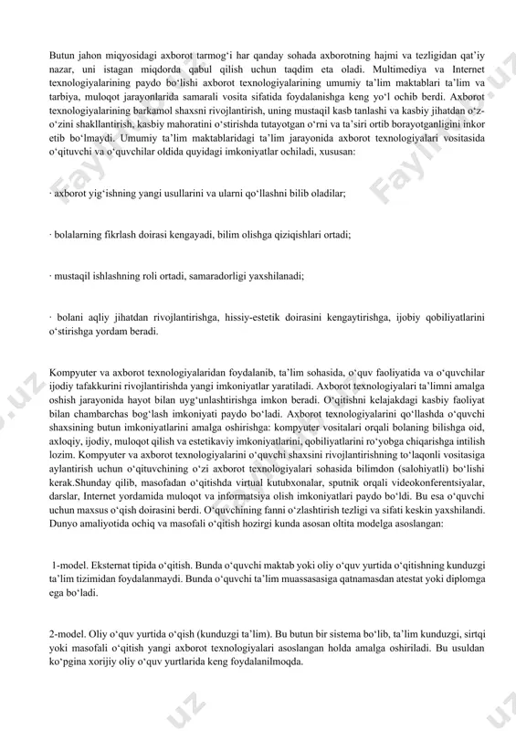 talari asosida o’quvchilarni o’qitish ikki barobar unumli va vaqtdan yutish mumkun. multimedia vositalari asosida bilim olishda 30% gacha vaqtni tejash mumkin bo’lib, olingan bilimlar esa xotirada uzoq muddat saqlanib qoladi. agar o’quvchilar berilayetgan materiallarni kurish asosida qabul qilsa, axborotni xotirada saqlash 25-30%oshadi. bunga qushimcha sifatida o`quv materiallari audio, video va grafika kurinishda mujassamlashgan xolda berilsa, materiallarni xotirada saqlab qolish 75% ortadi. 2-savol kasbiy faoliyatda internet texnologiyalarini qo‘llash. davr ruhini ifodalab, kun sayin barcha sohalar amaliyotiga jadal kirib borayotgan axborot texnologiyalarini umumta’lim maktablari ta’lim jarayoniga ham tatbiq etish dolzarb masalalardan biridir. butun jahon miqyosidagi axborot tarmog‘i har qanday sohada axborotning hajmi va tezligidan qat’iy nazar, uni istagan miqdorda qabul qilish uchun taqdim eta oladi. multimediya va internet texnologiyalarining paydo bo‘lishi axborot texnologiyalarining umumiy ta’lim maktablari ta’lim va tarbiya, muloqot jarayonlarida samarali vosita sifatida foydalanishga keng yo‘l ochib berdi. axborot texnologiyalarining barkamol shaxsni rivojlantirish, uning mustaqil kasb tanlashi va kasbiy jihatdan o‘z-o‘zini …