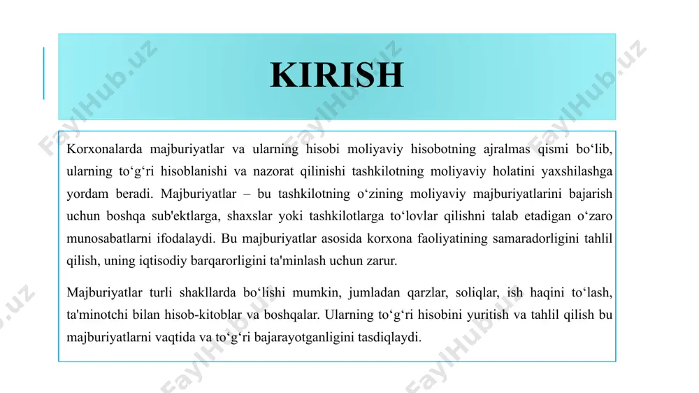 a va uzoq muddatli majburiyatlarni ajratish – bu korxona balansida majburiyatlar bo‘yicha to‘lovlarni aniqlash va tahlil qilishda yordam beradi. majburiyatlar bo‘yicha moliyaviy hisobotlar – majburiyatlar to‘g‘risida hisobotlar taqdim etilishi kerak. bu hisobotlar, masalan, yillik moliyaviy hisobotlar va soliq hisobotlarida aks etadi. majburiyatlar bo‘yicha hisobotlarni tahlil qilish majburiyatlar bo‘yicha hisob-kitoblarni tahlil qilish korxonaning moliyaviy barqarorligini baholashda yordam beradi. tahlil qilishda quyidagi usullar qo‘llaniladi: qisqa muddatli majburiyatlar va uzoq muddatli majburiyatlar o‘rtasidagi nisbat. majburiyatlar va aktivlar o‘rtasidagi nisbat – korxona o‘z majburiyatlarini qoplay olish qobiliyatini ko‘rsatuvchi ko‘rsatkich. to‘lov qobiliyatini baholash – majburiyatlarni to‘lashga qodirligini tahlil qilish. majburiyatlar va ularga bo‘lgan javobgarlik . korxonalarda majburiyatlar bo‘yicha javobgarlik bu majburiyatlarni to‘g‘ri va o‘z vaqtida bajarish, to‘lovlar va qarzlar bo‘yicha aniq moliyaviy rejalarni amalga oshirishni anglatadi. boshqaruvning yuqori darajasi va tizimli nazorat bu majburiyatlarni to‘liq bajarishga yordam beradi. xulosa majburiyatlar hisobini to‘g‘ri yuritish va tahlil qilish korxona faoliyatining muhim qismidir. majburiyatlarni tahlil qilish va ularni …