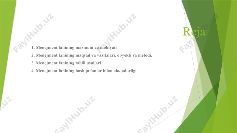 ijtimoiy taraqqiyot omilini ziyraklik bilan seza olish qobiliyatiga ega. menejment - bu shunday faoliyatki, unda inson harakatlarini tayyorlash, tashkil qilish va to‘g‘ri yo‘lga solish haqidagi san’at mujassamdir. menejment maqsadi va vazifalari foyda olishni bilish samarali faoliyat olib borish resurslarni boshqarish odamlarni boshqarish menejment faning predmeti * boshqarish nazariyasi va amaliyoti; * boshqarish obyekti va subyekti; * boshqarish tamoyillari va usullari; * boshqarish madaniyati; * menejer va uning fazilatlari; * menejer reytingi; * boshqarishda qaror qabul qilish; * boshqarish funksiyalari; * xodimlarni boshqarish; * ishlab chiqarishni boshqarish, * samaradorlikni boshqarish; * o‘z-o‘zini boshqarish; * hududiy boshqarish va hokazolar. menejment fanining tahlil usullari № tahlil usullari mazmuni 1. sistemali yondashuv * boshqariluvchi obyekt yaxlit tizim tarzida olib qaraladi. bu yondashuv turlicha bo‘lishi mumkin: * sistemali – kompleks yondashuv * sistemali – funksional yondashuv * sistemali – tarkibiy yondashuv * sistemali – kommunikatsion yondashuv 2. kompleks yondashuv * boshqariluvchi obyekt boshqa obyektlar bilan …