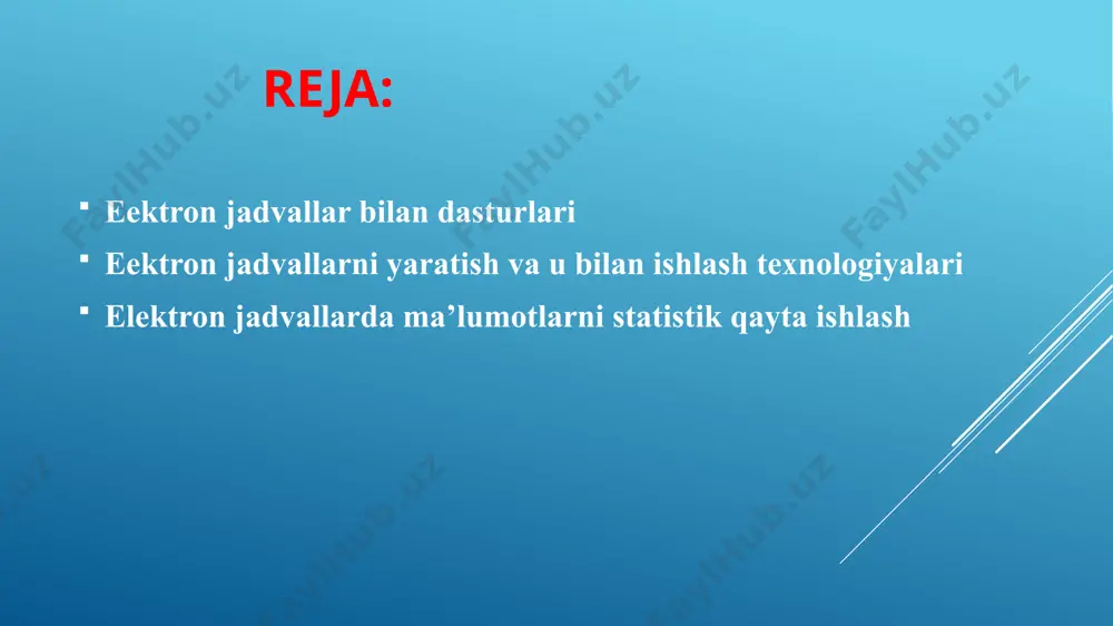 umotlarnii statistik qayta ishlash; ma’lumotlarni saralash va tartiblash; yacheykalarda sparklaynlardan foydalanish; matematik, muhandislik, moliuaviy, vaqt va sanaga doir, ssilka va massivlar, ma’lumotlar bazasi, matnlar bilan ishlovchi, analitik va mantiqiy funksiyalardan foydalanish imkoniyati. 6 yacheyka va diapazon excel dasturining asosiy elementlari 2 ta: 1) yachaeyka; 2) diapazon bitta ustun va satr kesishmasidan iborat katak yacheyka deyiladi. u o`zi joylashgan ustun nomi va satr tartib raqami bilan nomlanadi. masalan b3 ketma-ket belginalgan yacheykalar diapazon deyiladi. uning nomi yuqorigi chap hamda quyidagi o`ng burchakdagi yacheykalar nomi bilan nomlanadi. masalan b2:e8 google sheets bilan ishlash google da electron jadvallar yaratish uchun ilovalar bo`limidan “sheets” (ёки таблицы) ni tanlaymiz bu yerdan esa kerakli shablon yoki bo`sh hujjatni tanlaymiz. bunda “новая таблица” yozuvi ustiga sichqon chap tugmasini bosib, unga nom berish mumkin odatda bo’sh hujjat tanlanadi. bu dasturda ham buyruqlar menyularda joylashgan bu – on-line hujjat bu electron hujjatning o`ziga xos tomoni shundaki, u on-line tarzda …