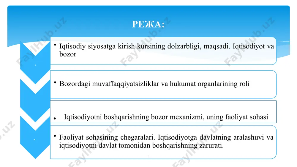 ishni taʼminlash, ishlab chiqarishni rivojlantirish, barchani ish bilan taʼminlash va hokazo. 5 iqtisodiyot va bozor koʻpchilik orasida yana bir tushuncha bor: iqtisod asosida pul turadi. хo’sh shundaymi? iqtisod asosida manbalar (resurslar) turadi – pul esa ularning harakatini taʼminlovchi vosita. savdo – iqtisodning katta qismi, lekin u iqtisodning asosimi? ibtidoiy jamoada savdo boʻlmagan. odamlar oʻz ehtiyojlarini qoplash uchungina mehnat qilishgan. jamoa orasida shu jamoa ehtiyojlarini qondirish uchun mehnat taqsimoti boʻlgan: ayollar nasl tarbiyasi va fermachilik bilan mashgʻul boʻlsa, erkaklar ov va jamoa xavfsizligini taʼminlash bilan band boʻlgan. bunday iqtisodda pul kerak boʻlmaganku va iqtisod tabiiy qonunlar asosida qurilganku. 6 iqtisodiyot (qadimgi yunoncha: οyκος „uy, xonadon“ + nomos „nom, boshqaruv ostidagi hudud“— jamiyatning iqtisodiy faoliyati, shuningdek ishlab chiqarish, taqsimlash, ayirboshlash va isteʼmol qilish tizimida rivojlanadigan munosabatlar yigʻindisi hisoblanadi. iqtisodiyot — bu ishlab chiqarish, taqsimlash va savdo, shuningdek, tovarlar va xizmatlarni isteʼmol qilish sohasini oʻrganish sohasi. umuman olganda, u tanqis resurslarni ishlab chiqarish, …