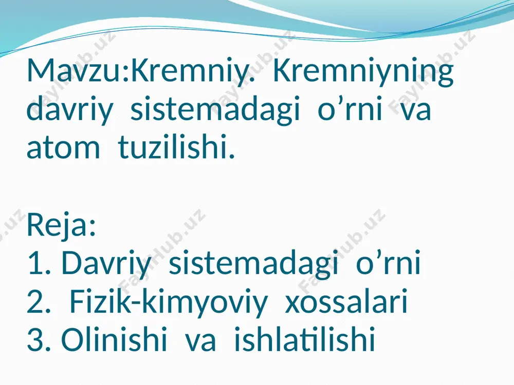 uglerod bilan qaytarib, kremniy olinadi: sio2 + 2mg -> 2mgo =si sio2 + 2c -> 2co + si ( 1500-1750c) 3sio2 + 4 al -> 2al2o3 + 3si ishlatilishi: kremniy po’lat qotishmalar olishda ishlatiladi. 4% kremniy tutgan po’lat oson magnitlanish xususiyatiga ega. undan transformatorlar, dvigatellar, generatorlar tayyorlanadi. 16% va undan ortiq kremniy tutgan po’lat kimyo sanoatida apparat va uskunalar tayyorlashda ishlatiladi. kristall holidagi toza kremniy radio va elektrotexnikada yarimo’tkazgich sifatida qo’llaniladi. kremniyli quyosh batareyalari, kosmik qurulmalarda energiya hosil qiluvchi qismlar tayyorlashda ishlatiladi. muhim vakillari: kremniy (iv)-oksid - qattiq, qiyin suyuqlanuvchan, atom kristall panjarali, suvda erimaydigan modda. tabiatda kvars minerali holida uchraydi. kvarsning tiniq, rangsiz kristalli tog’ xrustali deb ham ataydi. kvarsning suyuqlanish harorati - 1500c atrofida. kremen, agat, yashma, qum- kvarsning shakl o’zgarishi hisoblanadi. amestit sitrin tog’ xrustali kislotali oksid xossasiga ega bo’lib, ishqorlar, ishqoriy metallar karbonatlar va asosli oksidlar bilan qo’shib suyuqlantirilganda kremniy kislota tuzlari - silikatlar hosil qiladi: …