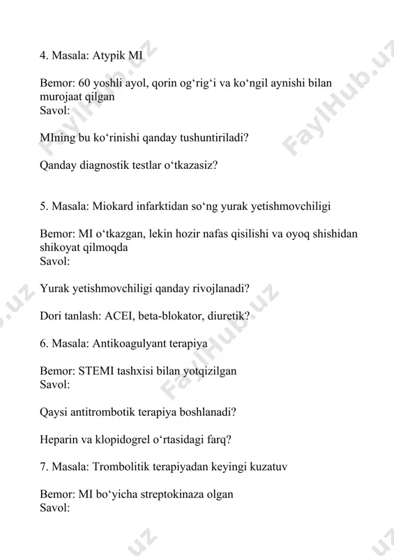 pik mi; ekg, troponin, angiografiya 5. mi’dan so‘ng nafas qisilishi javob: yurak yetishmovchiligi; acei, beta-blokator, diuretik 6. stemi – antikoagulyantlar javob: aspirin + clopidogrel, heparin yoki enoksaparin 7. trombolitikdan keyin javob: og‘riq kamayishi, st pasayishi; qon ketish xavfi 8. 3 oydan keyin qayta og‘riq javob: reinfarkt xavfi; ekg, troponin; antiplatelet va statinlar mi test 1. miokard infarkti nima? a) yurak mushagining vaqtincha qisqarishi b) yurak mushagining qon bilan ta’minlanishining to‘xtashi natijasida yuzaga keladigan nekroz c) yurak ritmining buzilishi d) yurak qopchasining yallig‘lanishi to‘g‘ri javob: b 2. miokard infarktining eng ko‘p uchraydigan sababi nima? a) virusli infektsiya b) arterial gipertenziya c) koronar arteriyaning trombozi d) yurak qopchasining yallig‘lanishi to‘g‘ri javob: c 3. miokard infarkti vaqtida eng tipik og‘riq lokalizatsiyasi qayerda bo‘ladi? a) qorin sohasida b) chap qo‘l va ko‘krak sohasida c) bo‘yin va orqa sohasida d) pastki bel sohasida to‘g‘ri javob: b 4. qaysi laborator ko‘rsatkich miokard infarktiga xos bo‘ladi? a) …