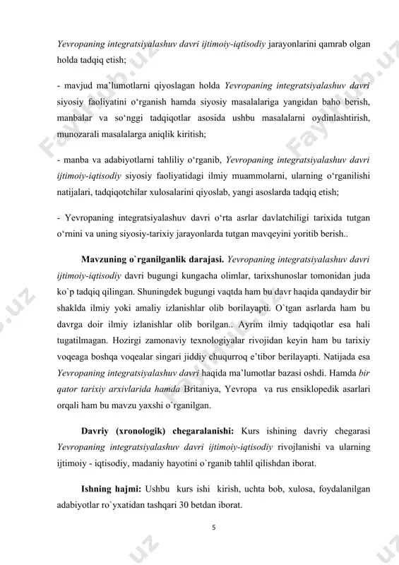 r shaklda ilmiy yoki amaliy izlanishlar olib borilayapti. o`tgan asrlarda ham bu davrga doir ilmiy izlanishlar olib borilgan.. ayrim ilmiy tadqiqotlar esa hali tugatilmagan. hozirgi zamonaviy texnologiyalar rivojidan keyin ham bu tarixiy voqeaga boshqa voqealar singari jiddiy chuqurroq e’tibor berilayapti. natijada esa yevropaning integratsiyalashuv davri haqida ma’lumotlar bazasi oshdi. hamda bir qator tarixiy arxivlarida hamda britaniya, yevropa va rus ensiklopedik asarlari orqali ham bu mavzu yaxshi o`rganilgan. davriy (xronologik) chegaralanishi: kurs ishining davriy chegarasi yevropaning integratsiyalashuv davri ijtimoiy-iqtisodiy rivojlanishi va ularning ijtimoiy - iqtisodiy, madaniy hayotini o`rganib tahlil qilishdan iborat. ishning hajmi: ushbu kurs ishi kirish, uchta bob, xulosa, foydalanilgan adabiyotlar ro`yxatidan tashqari 30 betdan iborat. i bob. yevropa davlatlarining integratsiyalashuvi uchun shart-sharoitning vujudga kelishi 1.1. yevropadagi ijtimoiy, iqtisodiy va siyosiy ahvol integratsiya umuman yevropaga xos hodisa emas va u faqat ikkinchi jahon urushidan keyingi davrda boshlangan jarayon ham emas. ammo shunday bo'ldiki, yevropa integratsiyasi xronologik jihatdan urushdan keyingi yillarga …