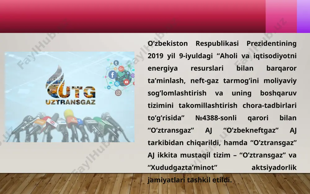 nlash korxonalari negizida barcha toifadagi isteʼmolchilarni gaz bilan taʼminlash uchun “oʼztransgaz” аktsiyadorlik kompaniyasining qoʼshma korxonalari shaklidagi 6 ta hududlararo korxonalar tashkil qilindi. aksiyadorlarning umumiy yig‘ilishi aksiyadorlarning umumiy yig‘ilishi jamiyatning yuqori boshqaruv organidir. aksiyadorlarning umumiy yig‘ilishini jamiyat kuzatuv kengashining raisi, u uzrli sabablarga ko‘ra bo‘lmagan taqdirda esa, jamiyat kuzatuv kengashining a’zolaridan biri olib boradi. jamiyat har yili aksiyadorlarning umumiy yig‘ilishini (aksiyadorlarning yillik umumiy yig‘ilishini) o‘tkazishi shart. aksiyadorlarning yillik umumiy yig‘ilishi jamiyat ustavida belgilangan muddatlarda, ammo moliya yili tugaganidan keyin olti oydan kechiktirmay o‘tkaziladi. aksiyadorlarning yillik umumiy yig‘ilishida jamiyatning kuzatuv kengashini va taftish komissiyasini saylash to‘g‘risidagi, jamiyatning yakkaboshchilik asosidagi ijroiya organi, kollegial ijroiya organining a’zolari, ishonchli boshqaruvchi bilan tuzilgan shartnomaning muddatini uzaytirish, uni qayta tuzish yoki bekor qilish mumkinligi haqidagi masalalar hal etiladi, shuningdek qonunchilikda nazarda tutilgan boshqa masalalar ko’rib chiqiladi. aksiyadorlarning yillik umumiy yig‘ilishidan tashqari o‘tkaziladigan umumiy yig‘ilishlari navbatdan tashqari yig‘ilishlardir. aksiyadorlarning umumiy yig‘ilishini o‘tkazish sanasi va tartibi, yig‘ilish o‘tkazilishi haqida …