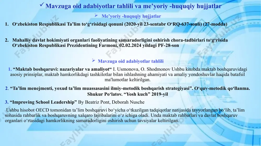 himoyaga muhtoj bolalarning taʼlim olishiga bo‘lgan qiziqishlarini oshirish. mahalliy davlat hokimiyat vakillari bilan birgalikda maktab oʻquvchilari uchun turli tadbirlar va olimpiadalar oʻtkazish , bu tadbirlarda oʻquvchilarning bilim va koʻnikmalarini va ularning iste’dodlarini rivojlantirish , ijtimoiy hayotga tayyorlashga yordam beradi. mahalliy davlat hokimiyati bilan oʻzaro hamkorlik ishlari samaradorligini oshirish uchun maktablar va mahalliy davlat hokimiyati organlari oʻrtasidagi iliq hamkorlikni mustahkamlash, oʻzaro hurmat va ishonch muhitini yaratish muhim ahamiyatga ega. t/r muammo amalga oshirish mexanizmi mas’ullar muddati natija 1 maktablar uchun qo‘shimcha resurslarni moliyalashtirish yetishmasligi 1. mahalliy budjetlardan maktablar uchun qo‘shimcha moliyaviy qo‘llab-quvvatlash ajratish mexanizmini yo‘lga qo‘yish, 2. tashabbusli budjet loyihasida qatnashish va g‘olib bo‘lish mahalliy hokimiyatlar, tuman maktabgacha va maktab ta’limi bo‘limi, maktab direktori 1-yil qo‘shimcha moliyalashtirish evaziga maktablar yetarli resurslarga ega bo‘lib, ta’lim sifati oshadi. 2 ta’lim jarayonini baholash tizimining samarador emasligi maktablar faoliyatini doimiy monitoring qilish tizimini mahalliy hukumat bilan birgalikda kuchaytirish. har yili ta’lim sifatini baholash dasturlarini amalga …