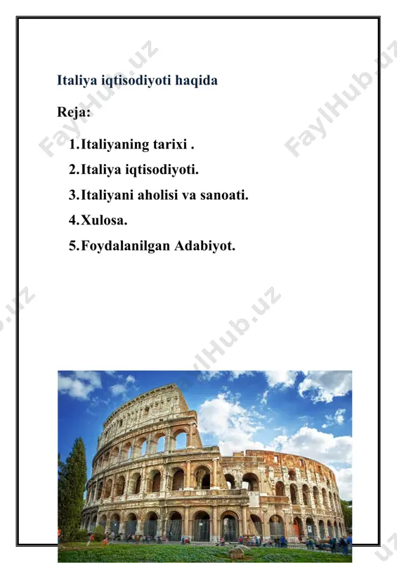 ki palatali parlament (deputatlar palatasi va senat). italiyaning davlat ramzlari. bayroq-1946 yilda qabul qilingan yashil-oq-qizil uch rangli. gimn - "inno di mameli" - inno di mameli (1847). din: italiyada asosiy din - katoliklik, taxminan 98%. iqtisodiyot: mamlakat shimolida sanoat, janubda qishloq xo'jaligi rivojlangan. pul: evro. evro muomalaga kiritilishidan oldin bu italiya lirasi edi. geografik joylashuvi italiya, rasmiy nomi - italiya respublikasi (italian repubblica italiana)) - evropaning janubida, o'rta er dengizi markazida joylashgan davlat. shimoli-g'arbda frantsiya bilan chegaradosh (chegara uzunligi 488 km), shimolda shveytsariya (740 km) va avstriya (430 km), shimoli-sharqda sloveniya (232 km). shuningdek, vatikan (3,2 km) va san -marino (39 km) bilan chegaradosh. apennin yarim oroli, padan tekisligi, alp tog'larining janubiy yon bag'irlari, sitsiliya orollari, sardiniya orollari va bir qator kichik orollarni egallaydi. iqtisodiyotning foydasi katta hukumat byudjeti (2009 yil holatiga ko'ra 960 milliard dollar, dunyoda 5 -o'rin), xitoy va buyuk britaniya byudjetlaridan oshib ketdi. raqobatbardosh va juda ijodiy …