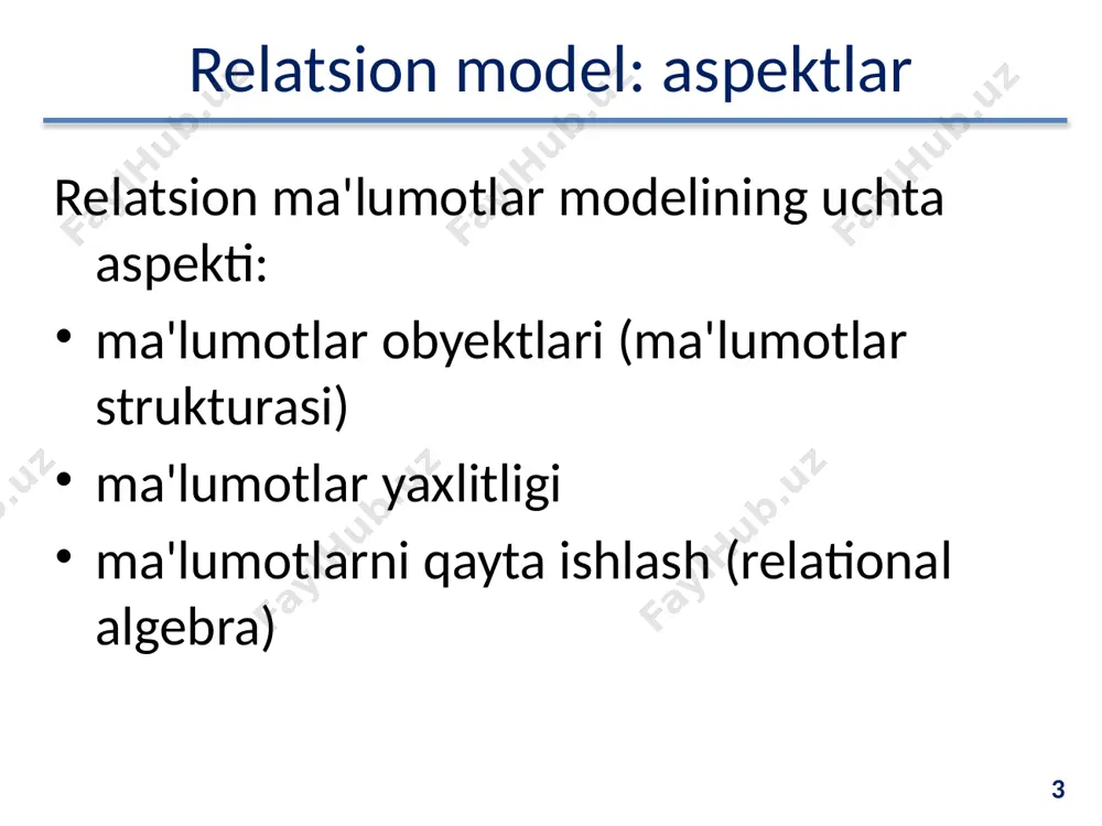 kkita bir xil satr mavjud emas sart va ustunlarni ixtiyoriy tartibda qarab chiqish mumkin 16 16 relatsion model: xossalari odatdagi jadval va munosabatlarning farqi: atribut qiymatlarining atomarligi 17 17 relatsion model: misol 18 sun’iy kalitlardan foydalanishga misol: 18 relatsion model: aloqa (masala) masala: clients jadvaliga telefon raqamlar ustun qo'shish talab etiladi. ko‘pchilik odamlar bir nechta telefon raqamlariga ega (uy, uyali, ish). atribut atomiklik xossasining ziddiyati yoki ma'lumotlarning ortiqchaligi ikkinchi jadvalga bo'lgan zaruriyat 19 19 relatsion model: aloqa (misol) 20 20 relatsion model: aloqa (misol) 21 21 relatsion model: aloqalar (tushunchalar) relatsion model ma'lumotlar bazasini o'zaro aloqadagi munosabatlar to'plami sifatida ifodalaydi har bir aloqada bitta munosabat asosiy (ajdod), ikkinchisi esa tobe (avlod) vazifasini bajaradi asosiy munosabatning bir korteji tobe munosabatning bir nechta korteji bilan bog‘lanishi mumkin 22 22 aloqa uchun asosiy munosabatning asosiy kaliti (parent) ishlatiladi asosiy kalit odatda asosiy munosabatlarning birlamchi kaliti (primary key) olinadi tobe munosabatda asosiy munosabatning birlamchi …