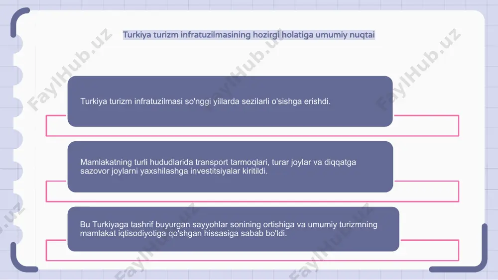 ma loyihalari amalga oshirilgani bilan izohlash mumkin. ana shunday loyihalardan biri mamlakat bo‘ylab zamonaviy aeroportlar barpo etish bo‘lib, bu sayyohlar uchun turkiyaning turli hududlariga borishini yanada qulayroq qilishdir. yana bir muvaffaqiyatli loyiha – mashhur sayyohlik yo‘nalishlarida hashamatli mehmonxonalar va dam olish maskanlarini rivojlantirish, sayohatchilar uchun jahon darajasidagi turar joy imkoniyatlarini taqdim etishdir. turkiya turizm infratuzilmasidagi kelajak tendentsiyalari turkiya turizm infratuzilmasining kelajagi istiqbolli ko'rinadi, bu sohani shakllantirish uchun bir qancha tendentsiyalar kutilmoqda. bir tendentsiya - barqaror va ekologik toza turar joyni rivojlantirish bo'lib, u ekologik ongli sayohatchilarni jalb qiladi. yana bir tendentsiya - turizm infratuzilmasiga texnologiyalarning integratsiyalashuvi, shu jumladan tashrif buyuruvchilar tajribasini yaxshilash uchun virtual haqiqat va to'ldirilgan reallikdan foydalanish. bu nafaqat sayohatni oson va qulayroq qiladi, balki sayyohlar uchun noyob va hayratlanarli tajribalarni ham taqdim etadi. bundan tashqari, sayyohlarga turkiyaning rang-barang landshaftlari va madaniy merosini o'rganishni osonlashtirib, olis va unchalik mashhur bo'lmagan yo'nalishlarda qulaylik va infratuzilmani yaxshilashga e'tibor qaratiladi. turkiya …