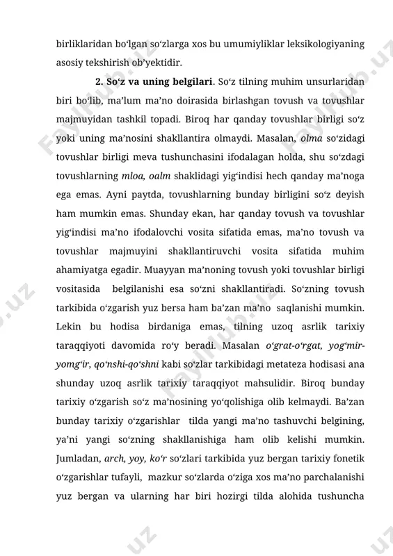 eb yuritiladi. masalan, ishning ko‘zi, tog‘ning etagi kabi birikmalar tarkibida ko‘z va etak so‘zlari ko‘chma ma’noda qo‘llangan. 5. so‘zning ma’no ko‘chish usullari. o‘zbek tilida polisemantik so‘zlar ma’no ko‘chishning to‘rt xil usuli mavjud: 1) metafora; 2) metonimiya; 3) sinekdoxa; 4) vazifadoshlik. metafora (yunoncha «ko‘chirma» so‘zidan olingan) biror narsa, belgi yoki harakatning nomi o‘zaro o‘xshashligi bo‘lgan boshqa narsa, belgi yoki harakatga ko‘chishidir. masalan: u tarozining ikki pallasini ko‘zdan kechirdi (i.rahim). yormat tarvuzni kesdi. bir pallasini o‘zi olib, ikkinchi pallasini yo‘lchi va o‘roz oldiga qo‘ydi (oybek). birinchi misoldagi palla so‘zining o‘z ma’nosi taroziga nisbatan qo‘llaniladi. uning tashqi ko‘rinishiga ko‘ra o‘xshashligi ikkinchi misolda tarvuz bo‘laklariga nisbatan ham qo‘llanishga sabab bo‘lgan. metafora asosida nom ko‘chish aniq narsalar doirasida bo‘lganda ular o‘rtasidagi o‘xshashlikni ilg‘ash uncha qiyin bo‘lmaydi. mavhum narsalar doirasida esa bu bir oz qiyin kechadi: bir qarichlikdan dutorni sevaman. bir qo‘shni kelinchakdan o‘rgangan edim (oybek). yigit yalt etib qo‘shni dalaga qaradi, u yerda xotin-xalajlar, bola-chaqalar …