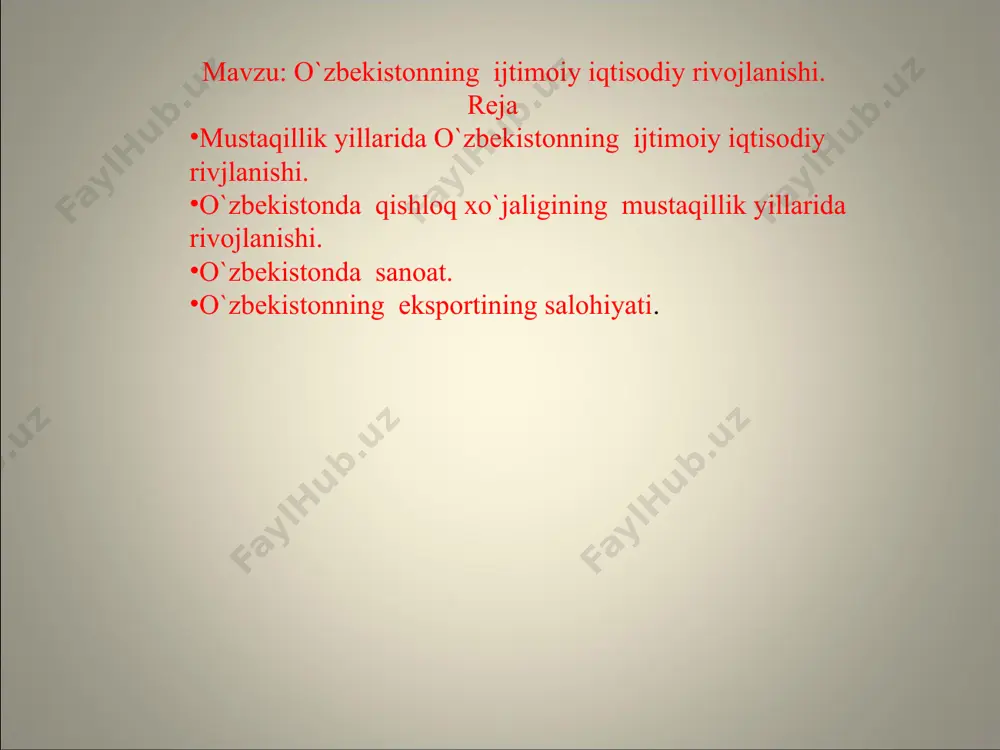 bulardan eng ahamiyatlisi respublika temir yo`l transporti tizimining bir butunligiga erishilganligidir. e` t i b o r i n g i z u c h u n r a h m a t !!! /docprops/thumbnail.jpeg слайд 4 image1.jpeg /docprops/thumbnail.jpeg слайд 17 image1.jpeg /docprops/thumbnail.jpeg слайд 16 image1.jpeg /docprops/thumbnail.jpeg слайд 12 image1.jpeg /docprops/thumbnail.jpeg слайд 10 image1.jpeg /docprops/thumbnail.jpeg слайд 11 image1.jpeg /docprops/thumbnail.jpeg слайд 16 image1.jpeg /docprops/thumbnail.jpeg слайд 16 image1.jpeg /docprops/thumbnail.jpeg слайд 14 image1.jpeg /docprops/thumbnail.jpeg слайд 15 image1.jpeg /docprops/thumbnail.jpeg слайд 16 image1.jpeg /docprops/thumbnail.jpeg transporti transporti eng muhimi, yangi, zamonaviy ijtimoiy-iqtisodiy obyektlar qurilishi yangi ish o‘rinlarining yaratilishi, tadbirkorlikning rivojlanishi uchun keng yo‘l ochib berdi.natijada mamlakatda yuk tashish hajmi keskin ko‘paydi, mahalliy xomashyolarni qayta ishlash asosida 100 dan ziyod yangi korxonalar ishga tushirildi, o‘n minglab aholi ish bilan ta'minlandi. image1.png transporti •eng muhimi, yangi, zamonaviyijtimoiy-iqtisodiyobyektlarqurilishiyangiisho‘rinlariningyaratilishi, tadbirkorlikningrivojlanishiuchunkengyo‘lochibberdi.natijadamamlakatda yuk tashishhajmikeskinko‘paydi, mahalliyxomashyolarniqaytaishlashasosida100 dan ziyodyangikorxonalarishga tushirildi, o‘nminglabaholiishbilanta'minlandi.