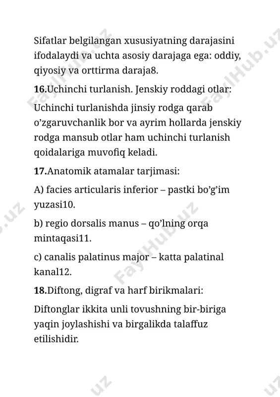 inlar odatda diftonglar yoki ikki undosh harf oldidan kelgan unli harflar bilan hosil bo’ladi. qisqa bo’g’inlar esa unli harf oldidan kelgan unli harf yoki digraflar oldida kelgan unli harflar bilan hosil bo’ladi2. 43.anatomik atamalar tarjimasi: а) arteria ophthalmica – ko’z arteriyasi3. b) cervix denta maxillae – yuqori jag’ning tish bo’yni4. c) fossa infratemporalis – pastki jag’ chuqurchasi5. 44.sifatlarning ikki guruhi: o’zbek tilida sifatlar ma’noviy va shakliy guruhlarga bo’linadi. ma’noviy guruhlar sifatning bildirgan ma’nosiga qarab ajratiladi, masalan, sifatlar rang, shakl, miqdor va boshqa xususiyatlarni ifodalashi mumkin. shakliy guruhlar esa sifatning qanday qo’shimchalar bilan yasalganiga qarab ajratiladi6 45.yunoncha – lotincha so’zlarni o’zbek tiliga tarjima: spondylo – vertebra; - umurtqa; rhino – nasus – burun; acro – membrum; - a’zo; somato – corpus – tan; glosso – lingua – til; arthro – articulatio – bo’g’im; odonto – dens, dentis; - tish; stomato – os, oris – og’iz. 46.anatomik atamalar tarjimasi: а) lamina muscularis …