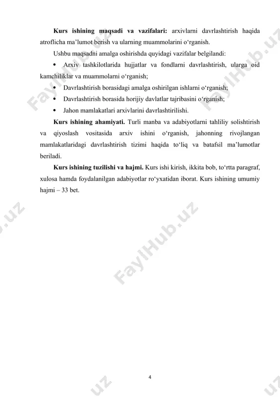a materiallarni samarali boshqarish va himoya qilishda yordam berishi mumkin. 4. ma'muriy samaradorlik: davrlar bo‘yicha arxivlarni tashkil etish arxiv muassasalarida maʼmuriy samaradorlikka hissa qo'shishi, tarixiy hujjatlarni kataloglash, indekslash va qidirishni osonlashtirishi mumkin. arxiv davriylashtirish ko'pincha siyosiy o'tishlar, rejim o‘zgarishlari va ijtimoiy o'zgarishlar kabi muhim tarixiy bosqichlarga mos keladi. oxir oqibat, arxivlarni davriylashtirish tarixiy yozuvlarni saqlash, tartibga solish va ulardan foydalanishni ta'minlashda hal qiluvchi rol o‘ynaydi, bu turli xil tarixiy hikoyalar va tajribalarni o‘rganish va sharhlash imkonini beradi.[footnoteref:2] [2: https://www.worldhistory.biz tashrif buyurilgan sana 17.12.2023 11:51] arxivlarni davrlashtirish bevosita tarixni davrlashtirish bilan bogʻliq. davrlashtirish borasida dastlab xvii asrda italiyalik olimlar yago fikrni ilgari surgan. xx asrga kelib tarixni quyidagicha davrlashtirishdi. o‘zbekiston tarixida esa davrlashtirish odatda quyidagicha ifodalanadi: · antik davr – qadimgi davr miloddan avvalgi vi asrda milodiy iv asrga qadar. bu davrning o‘zi ham 2 davrga bo‘linadi. 1-antik davr miloddan avvalgi vi- iv asrlar. 2-antik davr miloddan avvalgi iv asrdan milodiy …