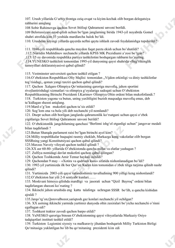 hqari qaysi mintaqalarda yozuv rus grafikasiga o’tildi? 63. xx asr o’zbek madaniyatining yorqin yulduzlari fitrat, cho’lpon va a.qodiriylar qachon otib tashlandi? 64. 1939-yil 23-avgustda kimning taklifi bilan moskvada sssr va germaniya o‘rtasida 10 yil muddatga hujum qilmaslik to‘g‘risida bitim imzolandi? 65. qachon millatlar ligasi sssrni agressiyachi mamlakat deb e’lon qilib, uni liga a’zoligidan chiqardi? 66. lot. – “bo‘shatmoq”, “xoli qilmoq” ma`nosini anglatuvchi so`zni toping ? 67. urush yillarida o‘zbekiston butun mamlakatda ishlab chiqariladigan qandning qancha qismini berar edi? 68. o‘zbekistonliklar ikkinchi jahon urushi frontlarida olib borilgan ayovsiz janglarda 1,5 mln kishi qatnashgan bo`lib ulardan ularning qanchasi jang maydonlarida halok bo‘lgan yoki bedarak yo‘qolgan? 69. dnepr uchun olib borilgan janglarda qahramonlik ko‘rsatgani uchun necha nafar o‘zbek yigitiga sovet ittifoqi qahramoni unvoni berildi ? 70. qachondan boshlab mirzacho’lni o’zlashtirish boshlandi? 71. huquqshunoslikda huquqbuzarga nisbatan qoʻllaniladigan va uning uchun muayyan oqibatlar keltiruvchi chora bu—…. 72.toshkent xalqaro aeroportiga qachon i.karimov nomi berildi ? 73. …