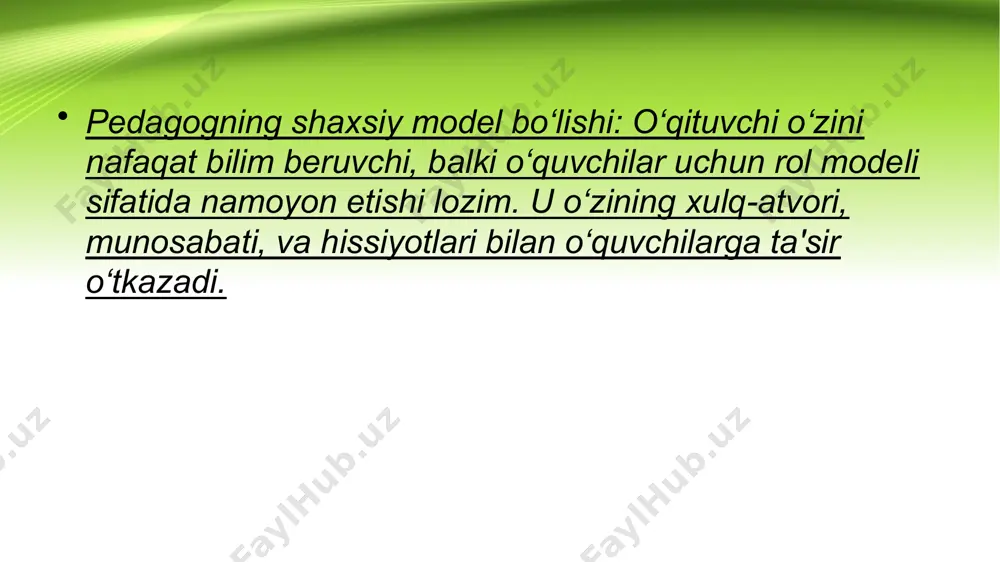 jlanishiga qaratilgan metodlarni ishlab chiqqan. u ta'lim jarayonida faqat bilim o‘rgatish emas, balki o‘quvchining hissiy va ruhiy holatini, shaxsiy o‘sish va rivojlanishini hisobga olish zarurligini ta’kidlaydi. uning pedagogik tizimi quyidagi asosiy g‘oyalar bilan boyitilgan: ta'limda emotsional yaqinlik amonashvili ta'lim jarayonida o‘qituvchi va o‘quvchi o‘rtasidagi emotsional aloqaning muhimligini ko‘rsatadi. o‘qituvchi o‘quvchining emotsional holatini tushunishi, unga mehr-oqibat va e'tibor ko‘rsatishi kerak. bu o‘quvchining o‘zini hurmat qilishiga va ta'limga qiziqishini oshirishga yordam beradi. o‘quvchining hissiy va axloqiy rivojlanishi amonashvili ta'limda nafaqat kognitiv, balki hissiy va axloqiy rivojlanish muhimligini ta’kidlaydi. o‘qituvchi o‘quvchining ichki dunyosini, his-tuyg‘ularini hurmat qilib, unga qanday xulq-atvorni namoyish etish kerakligini o‘rgatadi. bu yondashuv o‘quvchilarni yaxshi inson bo‘lishga va jamiyatda o‘z o‘rnini topishga yo‘naltiradi. qiziqish va motivatsiyani shakllantirish o‘qituvchining asosiy vazifalaridan biri o‘quvchining ta'limga bo‘lgan qiziqishini uyg‘otish va motivatsiyasini oshirishdir. amonashvili ta'limni o‘quvchilarga qiziqarli va mazmunli tarzda taqdim etish, o‘quvchining o‘zining ichki motivatsiyasini shakllantirishni muhim hisoblaydi. o‘quvchilar o‘zlariga mos va ularga qiziqarli …