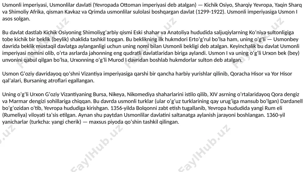 vo maydoni (1448-yil 17— 19-dekabr)da chex-mojarlar qoʻshinini magʻlubiyatga uchratib, 1448—50-yillarda albaniya ustiga 2 marta yurish qilgan. murod ii ning oʻgʻli mahmud ii fotih turk qoʻshinlariga shaxsan oʻzi qoʻmondonlik qilib, jahongirlik siyosatini olib borgan. u sharqiy rim imperiyasi — vizantiyaning poytaxti konstantinopolni 53 kunlik qamaldan soʻng egallab (1453-yil 29-may), vizantiya imperiyasini tugatgan. konstantinopol turkcha istanbul nomi bilan atalib, poytaxt bu yerga kuchirilgan. bu gʻalabadan sung mahmud ii fotih bolqon va markaziy yevropa mamlakatlarini zabt etishga kirishgan. serbiya (1459), moraviya (1460), bosniya (1463), valaxiya (1476), albaniya (1479) trapezund — trabzon (1461) egallangan. qrim xonligi tobe davlatga aylantirilgan (1475). oq qoʻyunli davlati hukmdori uzun hasanga qarshi harbiy harakatlar kuchaytirilgan. yevropaning italiya, olmoniya, avstriya kabi davlatlari hududlarini egallash rejasi tuzilib, amaliy harakatga oʻtilgan. bu davrda harbiy va maʼmuriy boshqaruv sohasida katta islohotlar oʻtkazilib, ulkan saltanatni mustahkamlash choralari koʻrilgan. ayniqsa, adabiyot, sanʼat va meʼmorchilik gullab-yashnagan. sulton boyazid ii, salim i va sulaymon i hukmronlik qilgan …