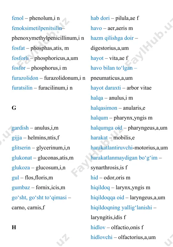 is,f miyacha – cerebellum,i,n miyaga oid – cerebralis,e miya pardasi – mater,tris,f miya – medulla,ae,f miyaga oid – medullaris,e miya pardasi- meninx,ngis,f miya moddasi, orqa miya –medulla,ae,f miya ortig‘i, gipofiz – hypophysis,is,f miyaning qattiq pardasi – dura mater miyaning yallig‘lanishi – encephalitis,itidis,f modda – materia,ae,f; substantia,ae, f moyillik – dispositio,onis,f moy – oleum,i,n muguz – cornu,us,n muskul – musculus,i,m muskulga oid – muscularis,e muskul orasiga – intermuscularis,e muskulni o‘rab olgan plastinka –fascia,ae,f naychasimon yo‘l – canalis,is,m narkotikka oid – narcoticus,a,um natija – exitus,us,um natriy – natrium,i,n nay – tuba,ae,f nafas olish – respiratio,onis,f nog‘ora – tympanum,i,n nog‘ora bo‘shlig‘i – cavum tympani nog‘oraga oid – tympanicus,a,um nursimon – radiatus,a,um o ovqat hazmning buzilishi – dyspepsia,ae,f odam – homo,inis,m; anthropos odamiylik – humanus,a,um oddiy – simplex,icis oyoq tagi – planta,ae,f oyoq tagiga oid – plantaris,e oyoq kaft oldi – tarsus,i,m oyoq kafti – metatarpus,i,m oyoqning katta barmog‘i – hallex,icis,m oziqlantiruvchi –nutricius,a, um …